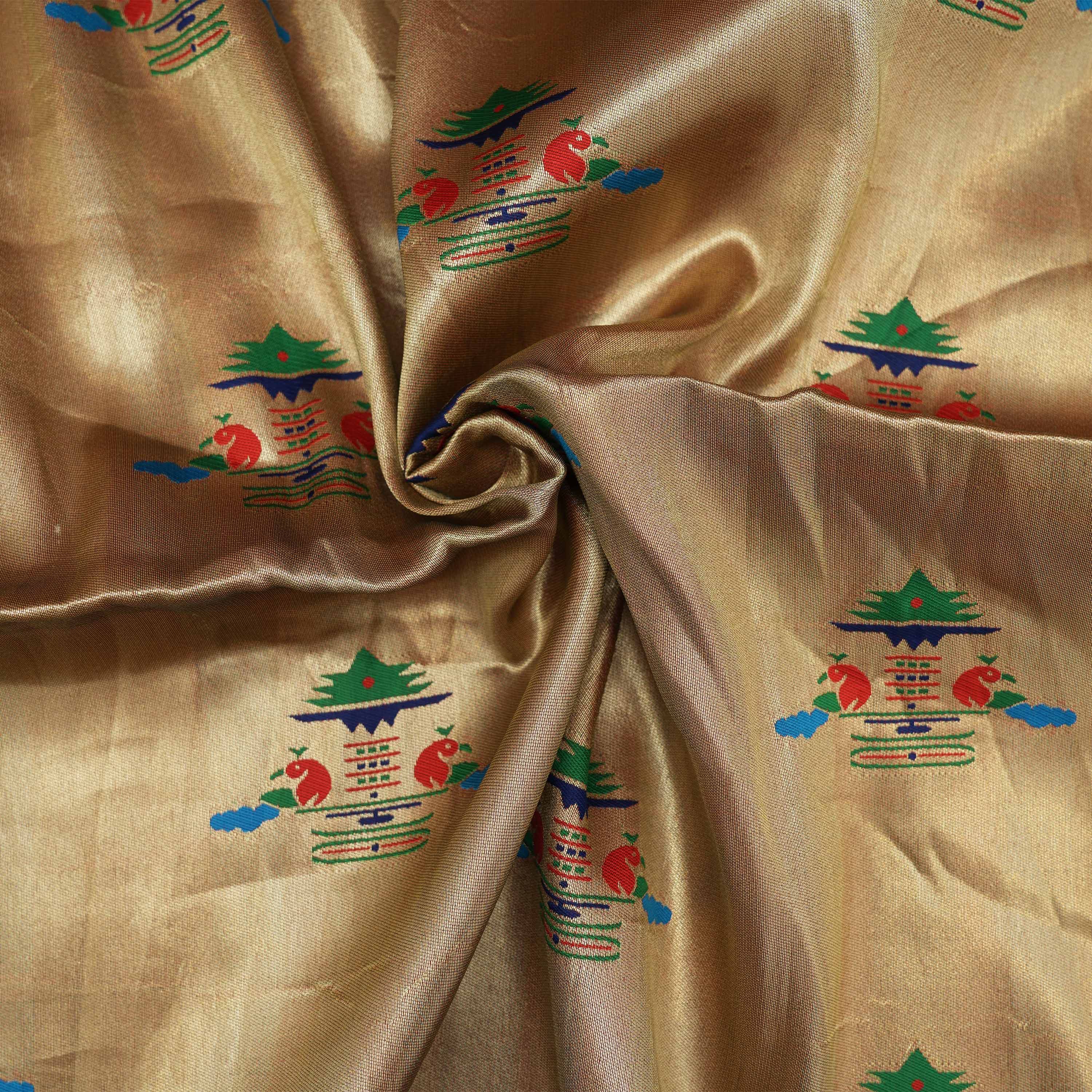 Golden Creme Pagoda Mayil Motif Tissue Fabric