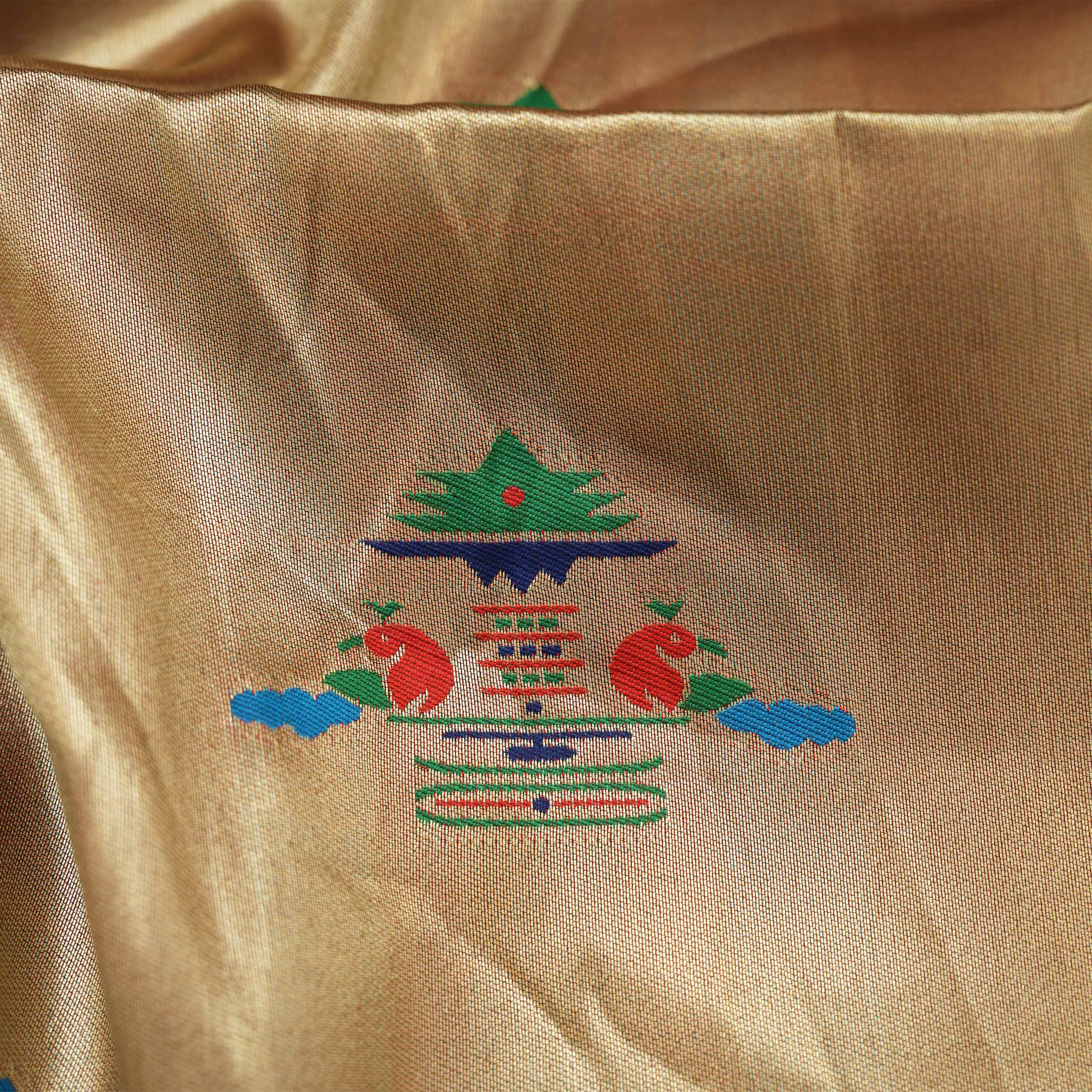 Golden Creme Pagoda Mayil Motif Tissue Fabric