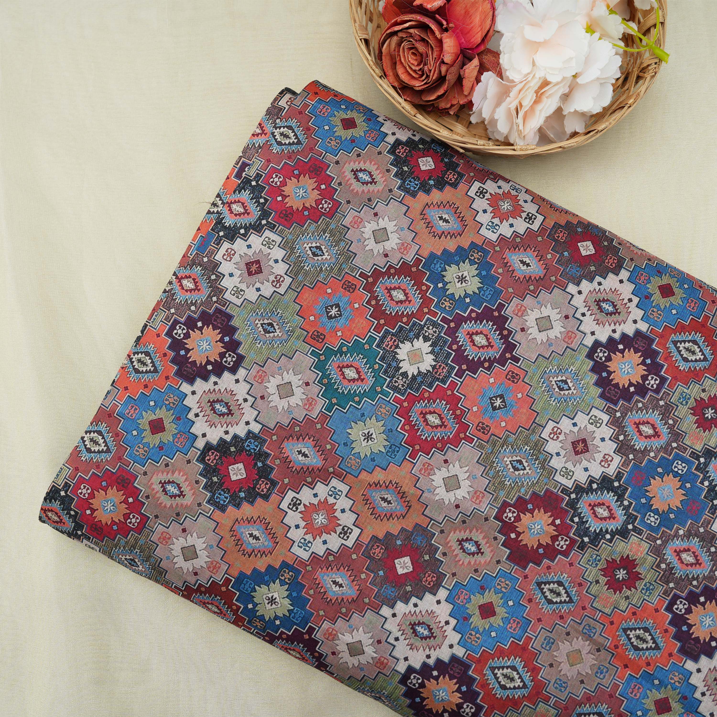 Multicolor Traditional Geometric And Floral Printed Tussar Fabric