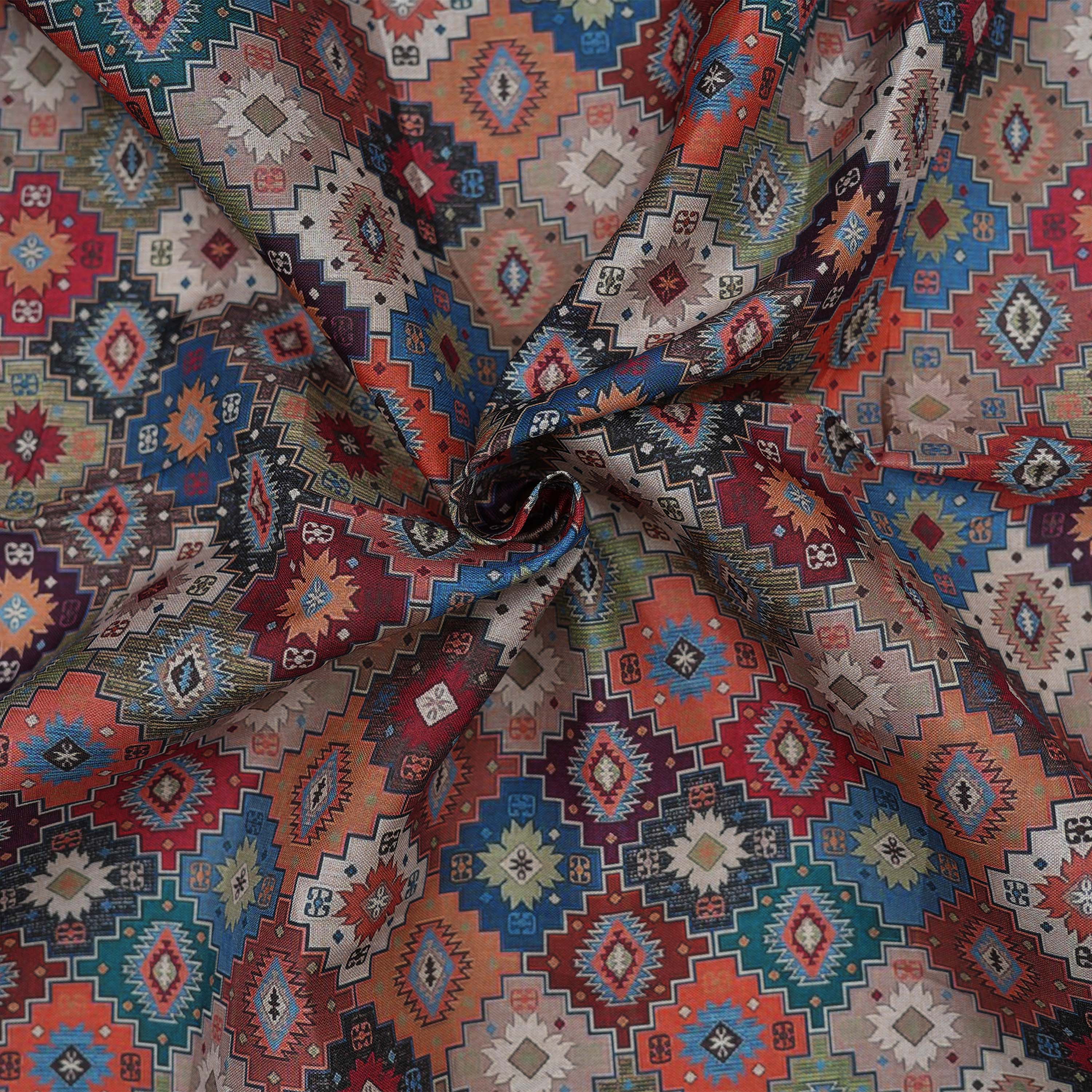 Multicolor Traditional Geometric And Floral Printed Tussar Fabric