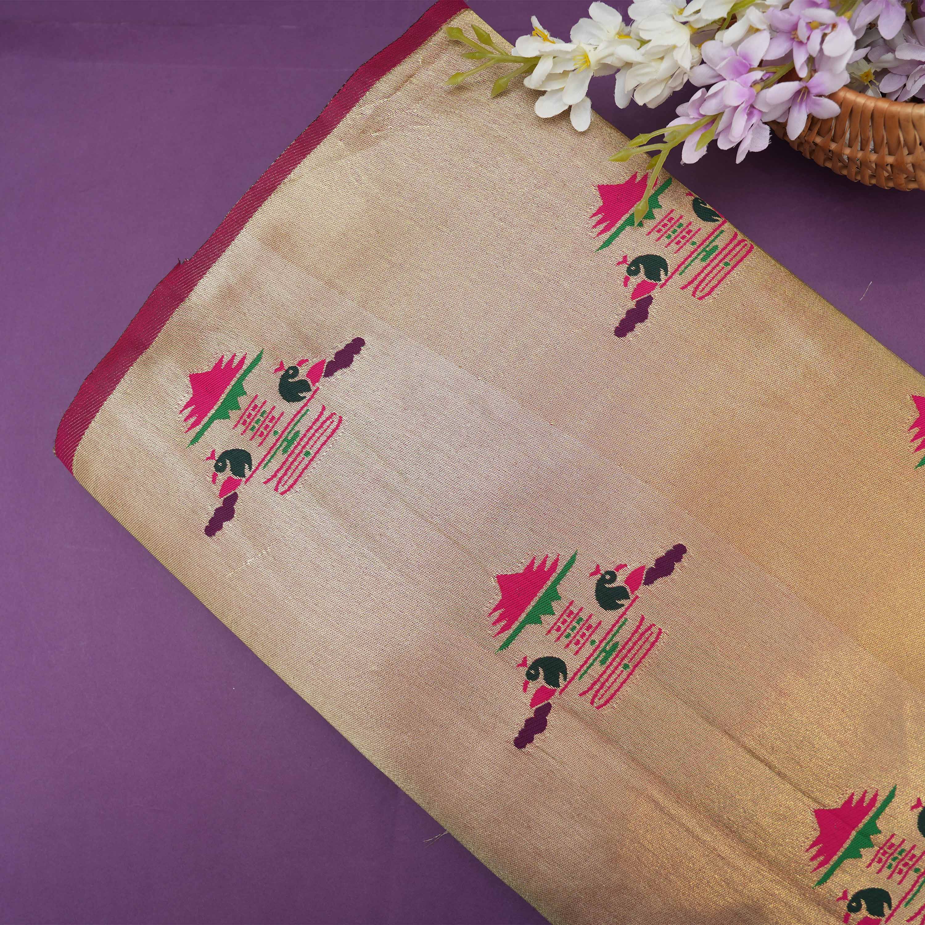 Creme Beige Pagoda Mayil Motif Tissue Fabric