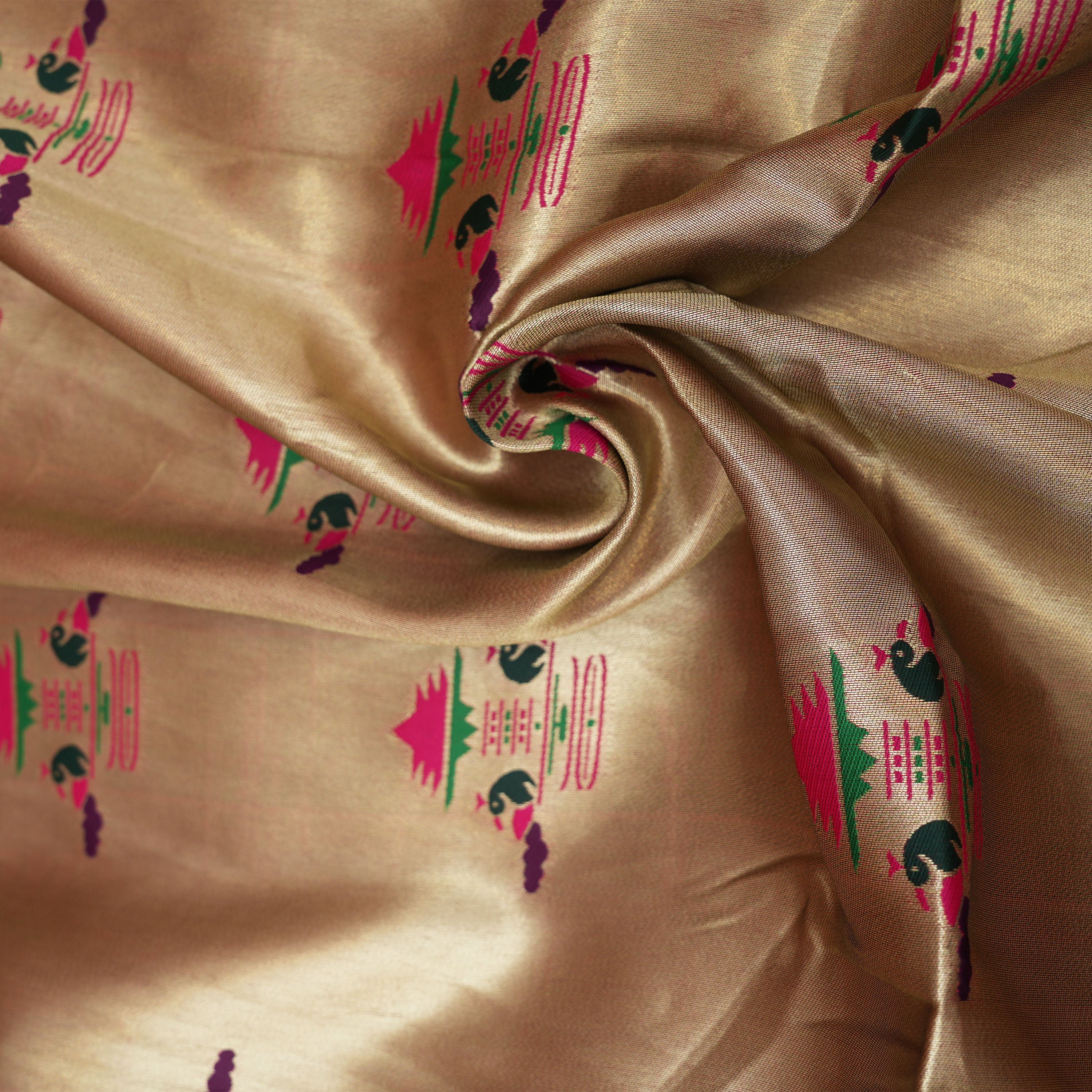 Creme Beige Pagoda Mayil Motif Tissue Fabric