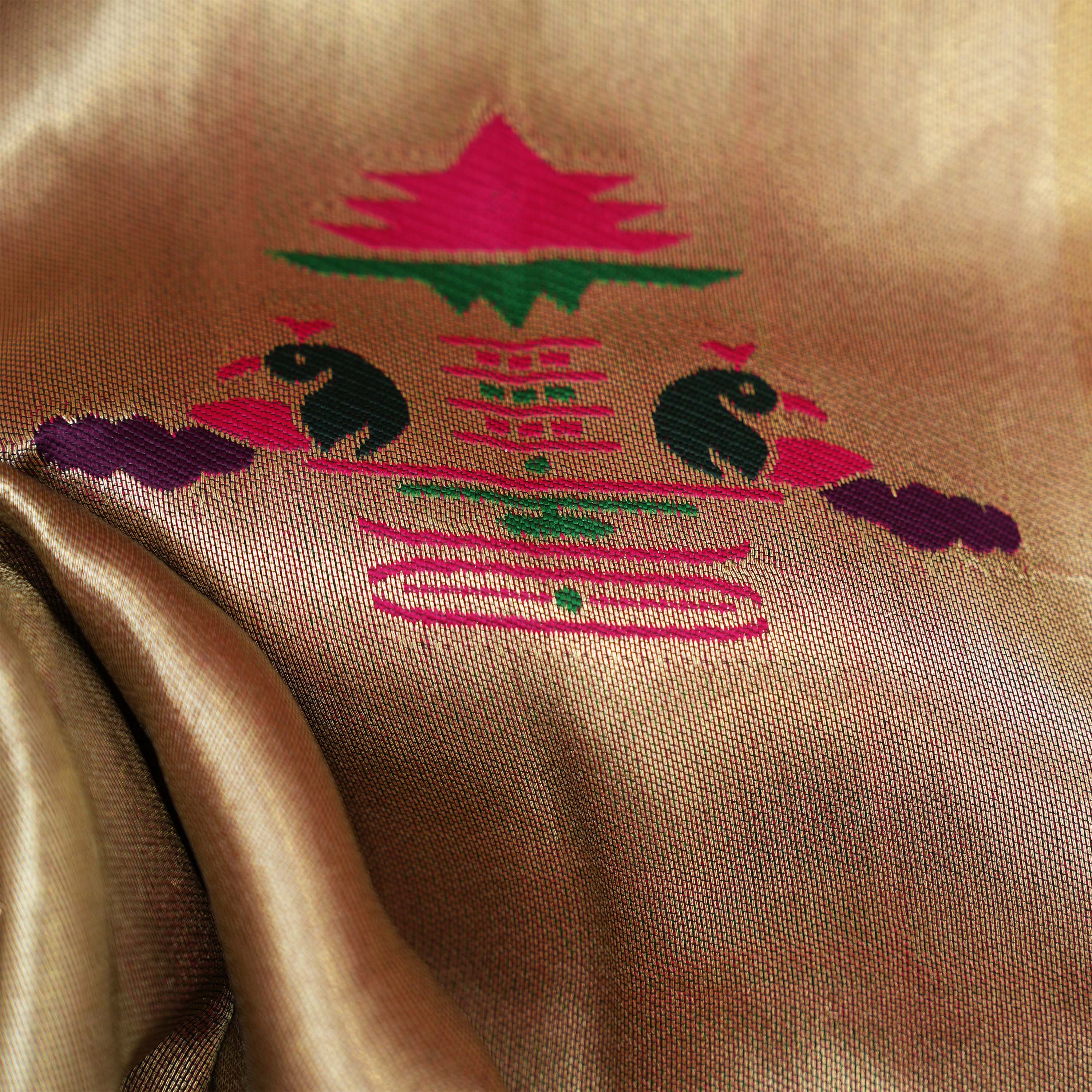 Creme Beige Pagoda Mayil Motif Tissue Fabric