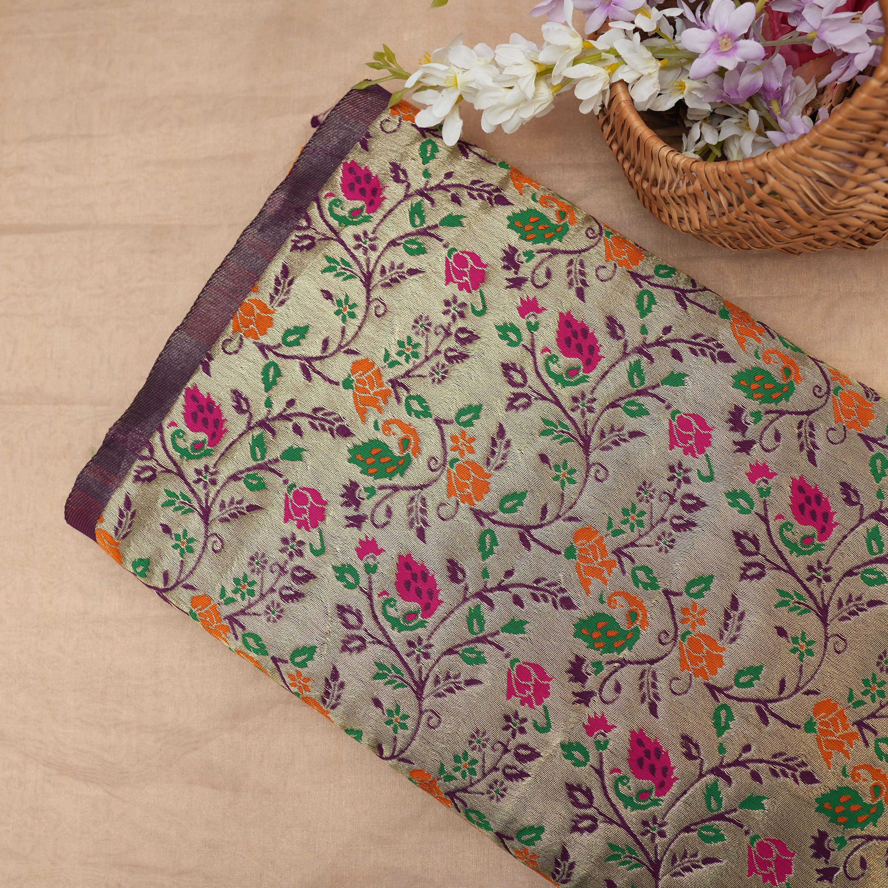 Creme White Floral Jaal Tissue Fabric