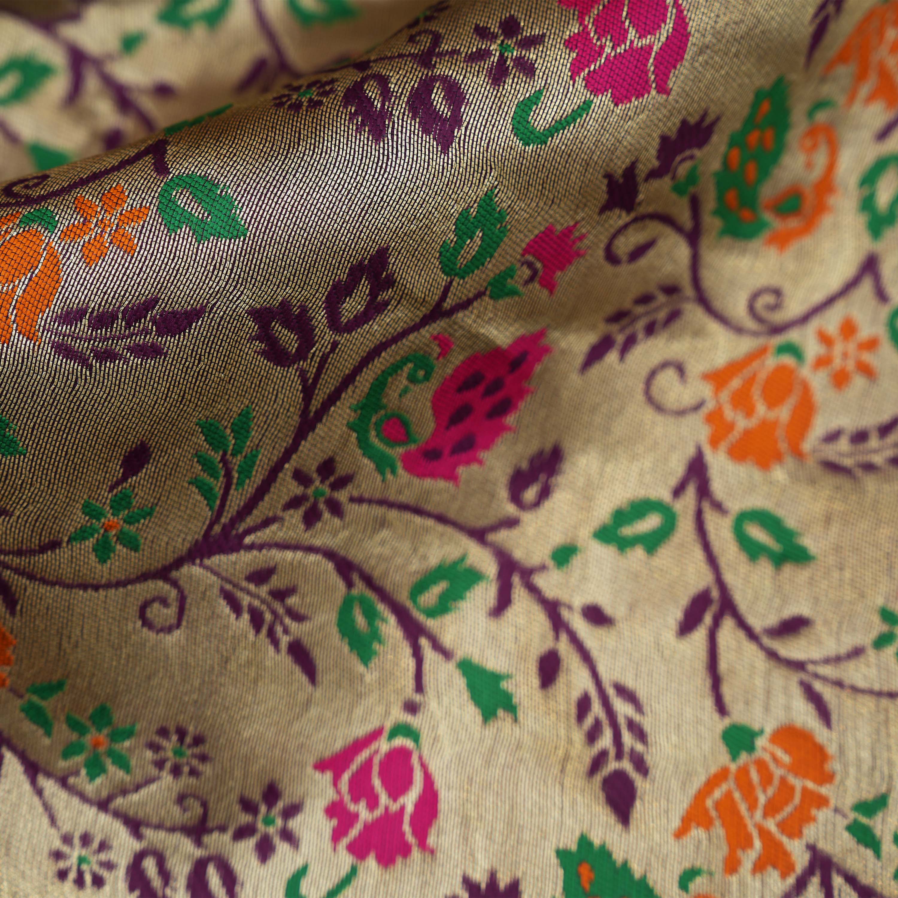 Creme White Floral Jaal Tissue Fabric