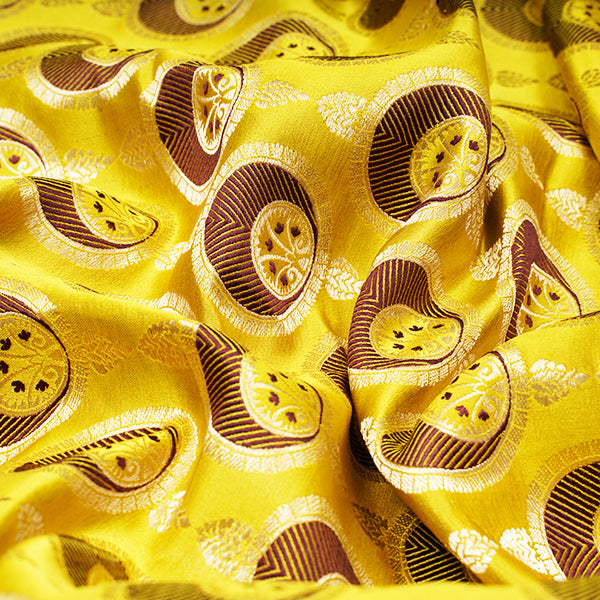 Zinc Yellow Banarasi Ektara Silk Handloom Fabric With Floral Motifs
