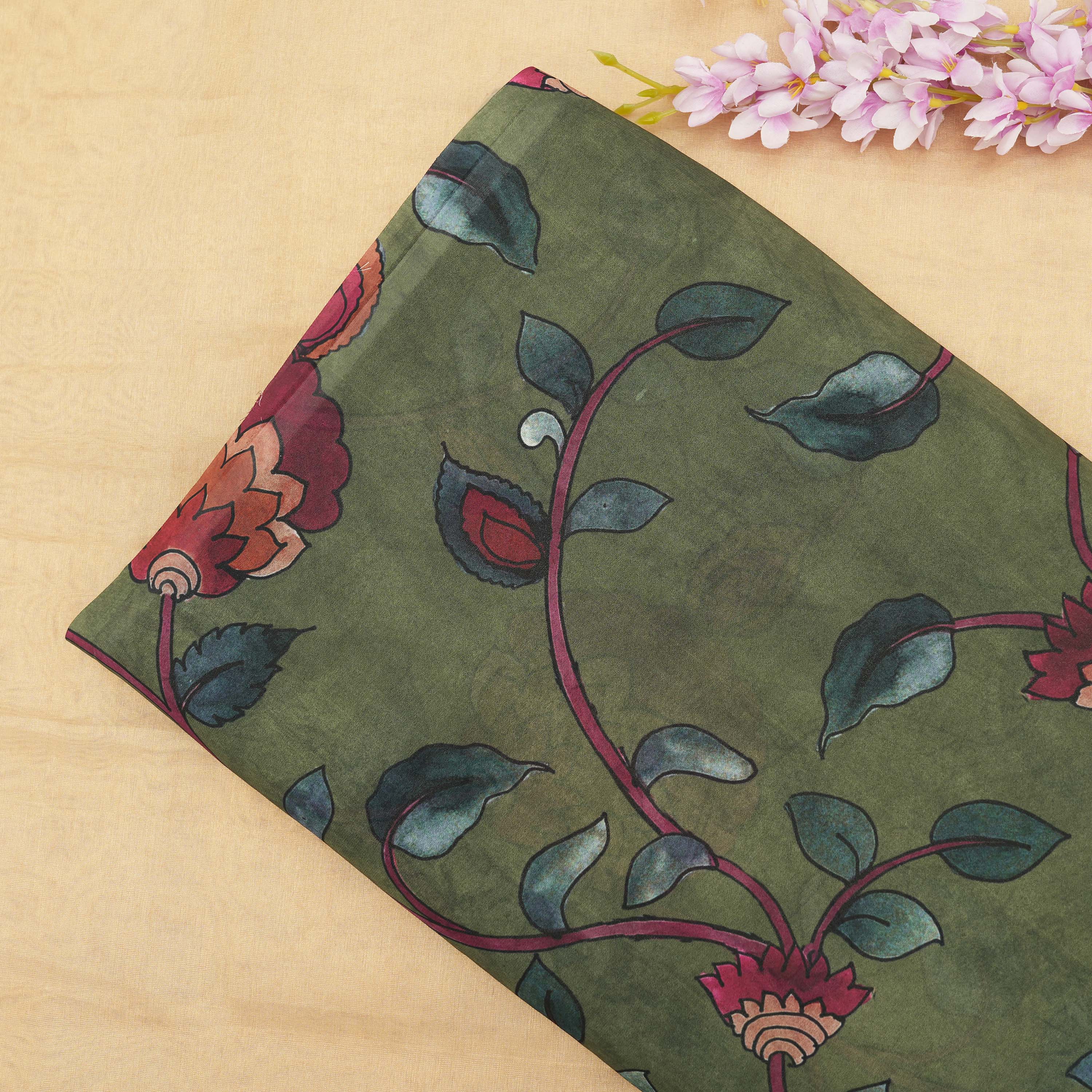 Rifle Green Florals Printed Silk Fabric