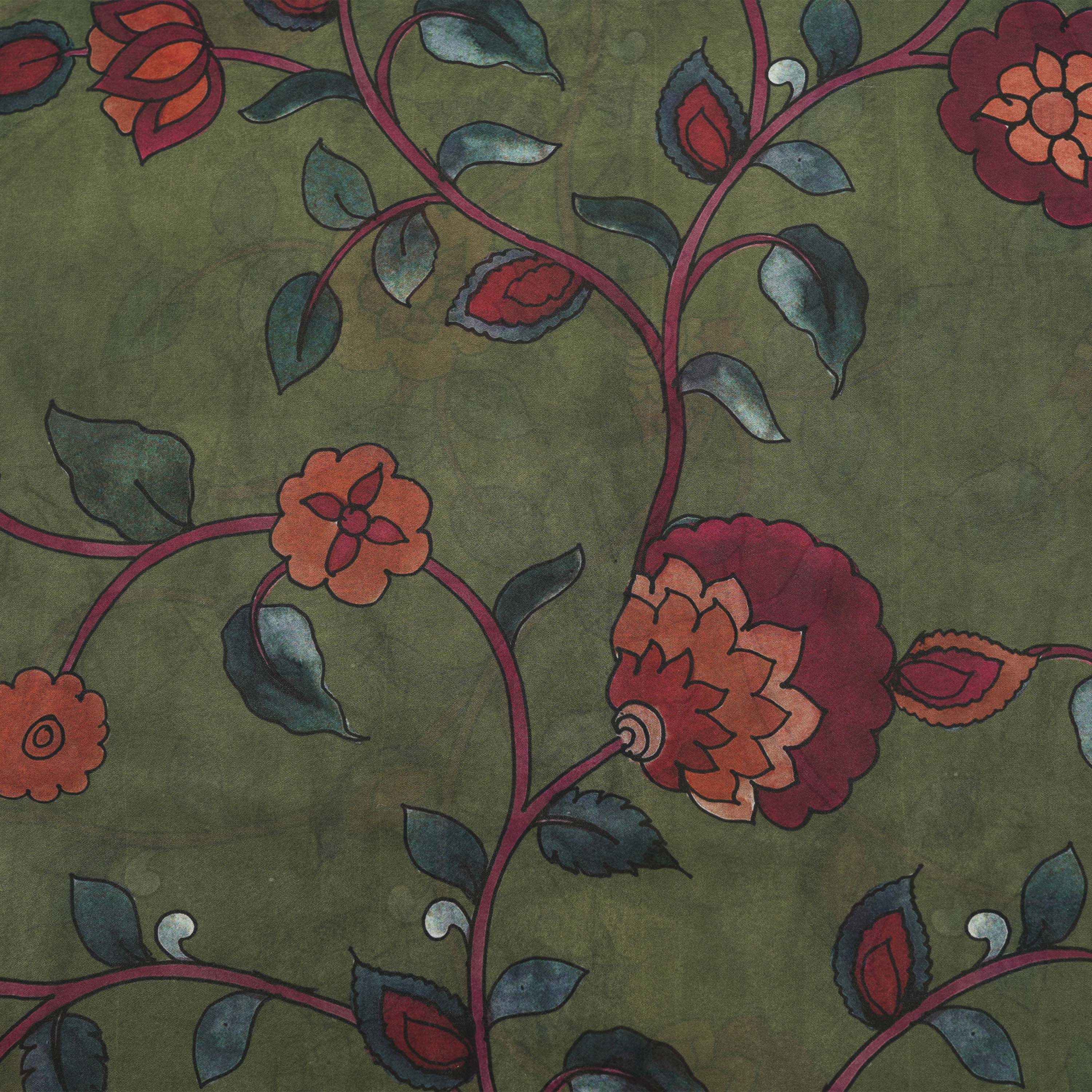 Rifle Green Florals Printed Silk Fabric