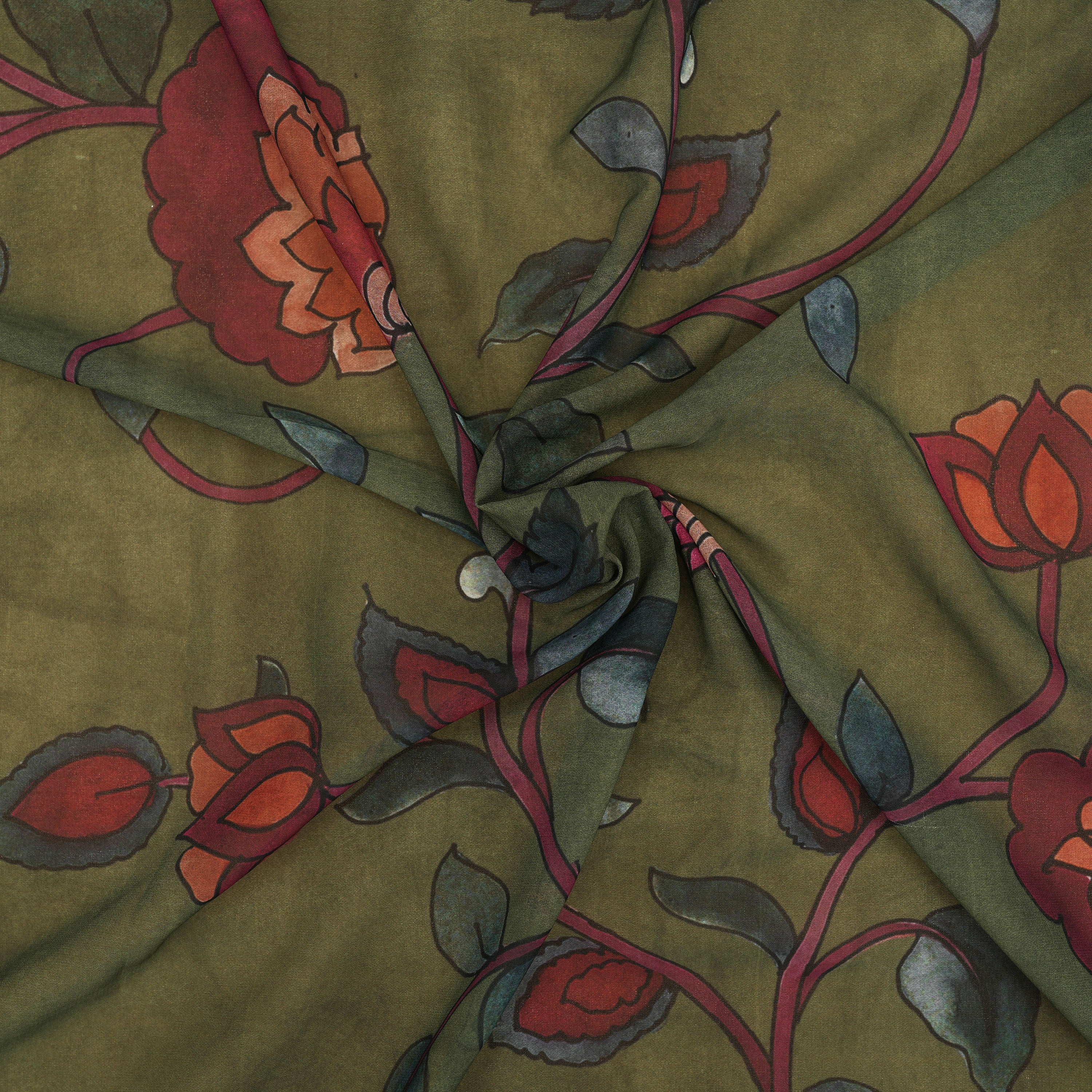 Rifle Green Florals Printed Silk Fabric