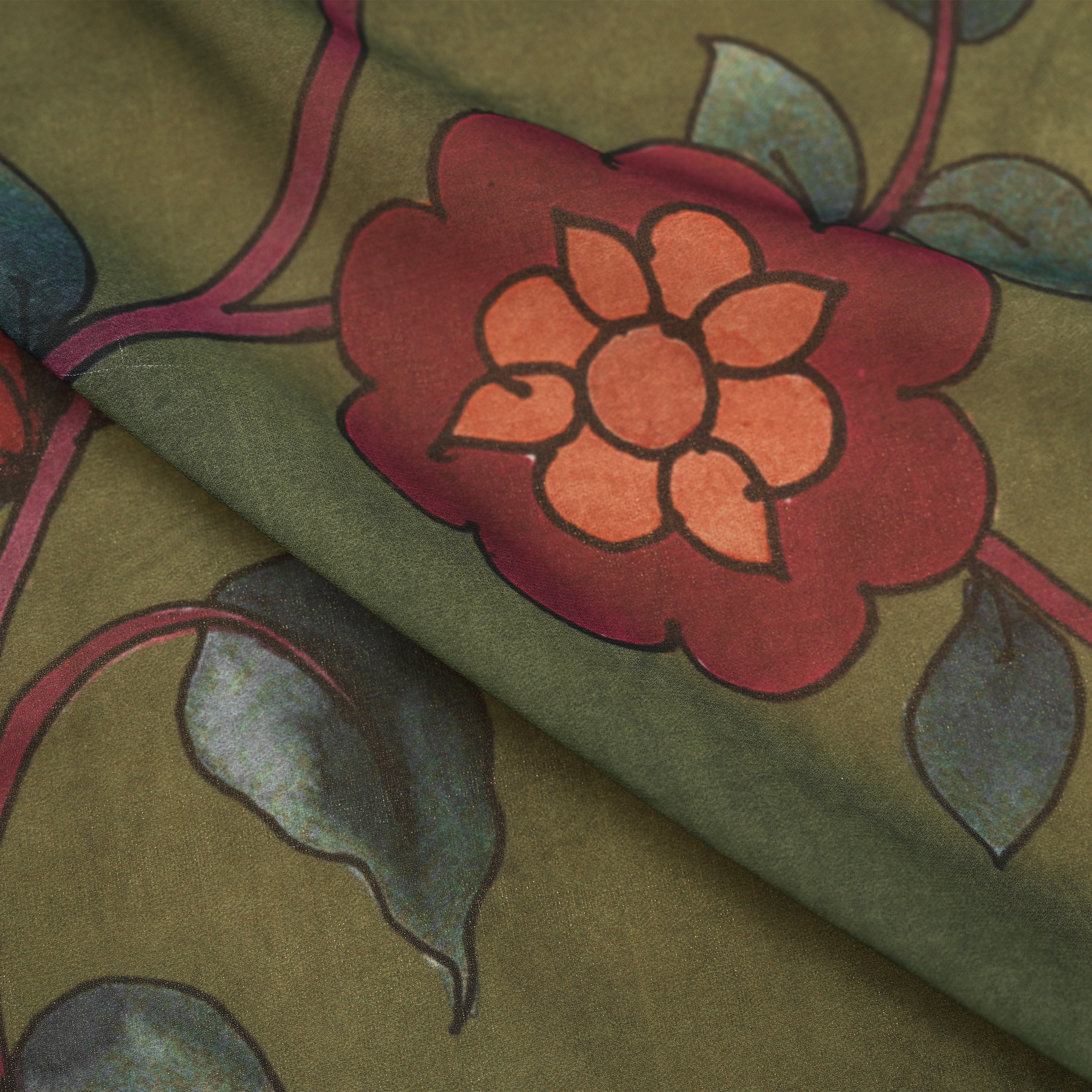 Rifle Green Florals Printed Silk Fabric