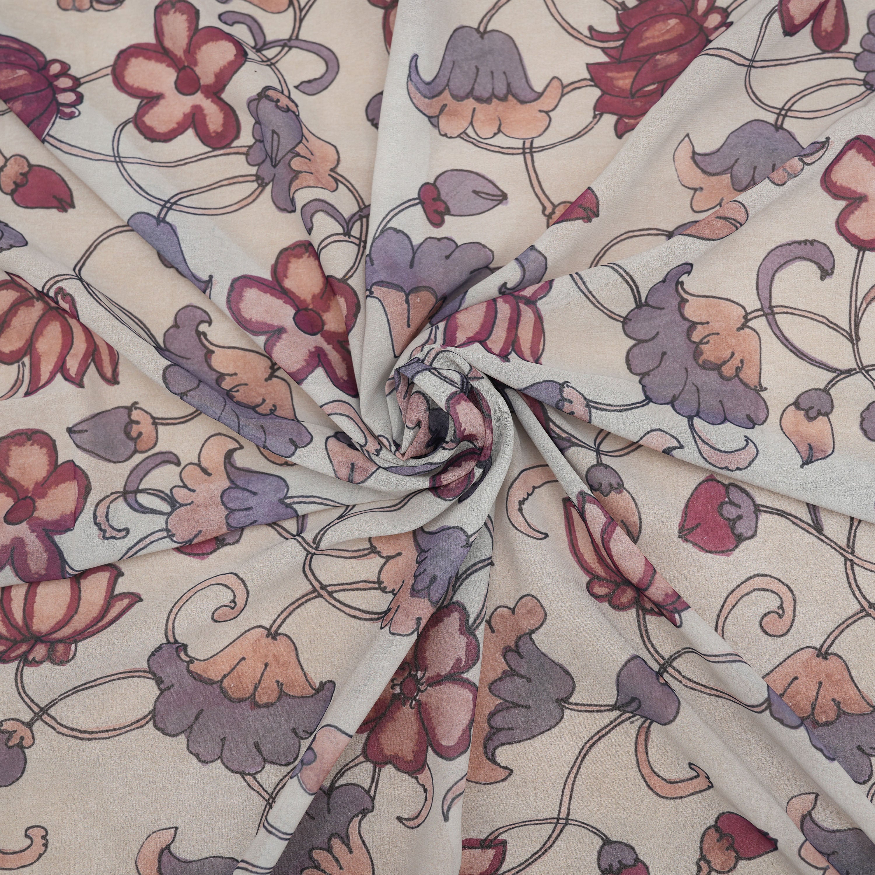 Metallic Silver Floral Jaal Printed Silk Fabric