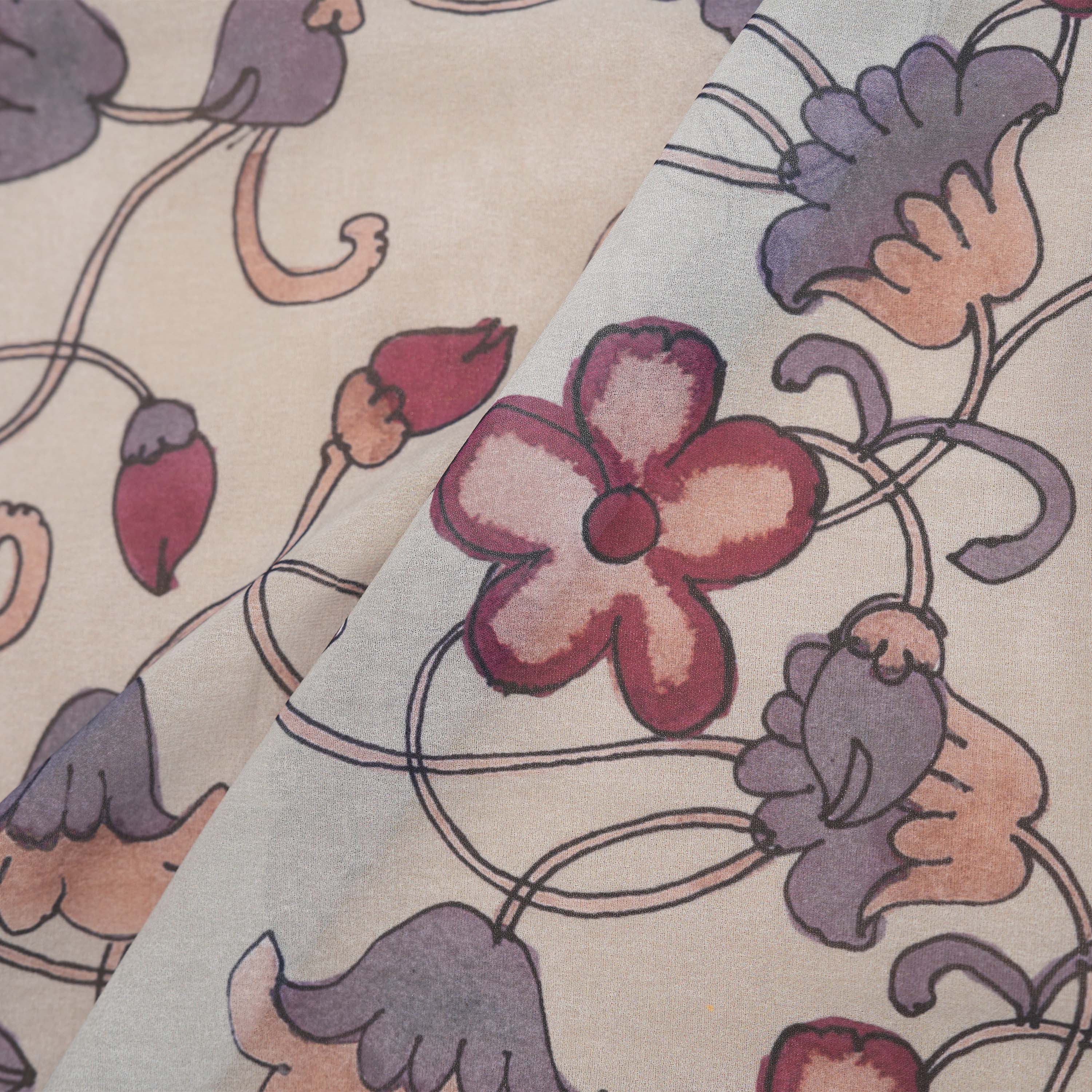 Metallic Silver Floral Jaal Printed Silk Fabric