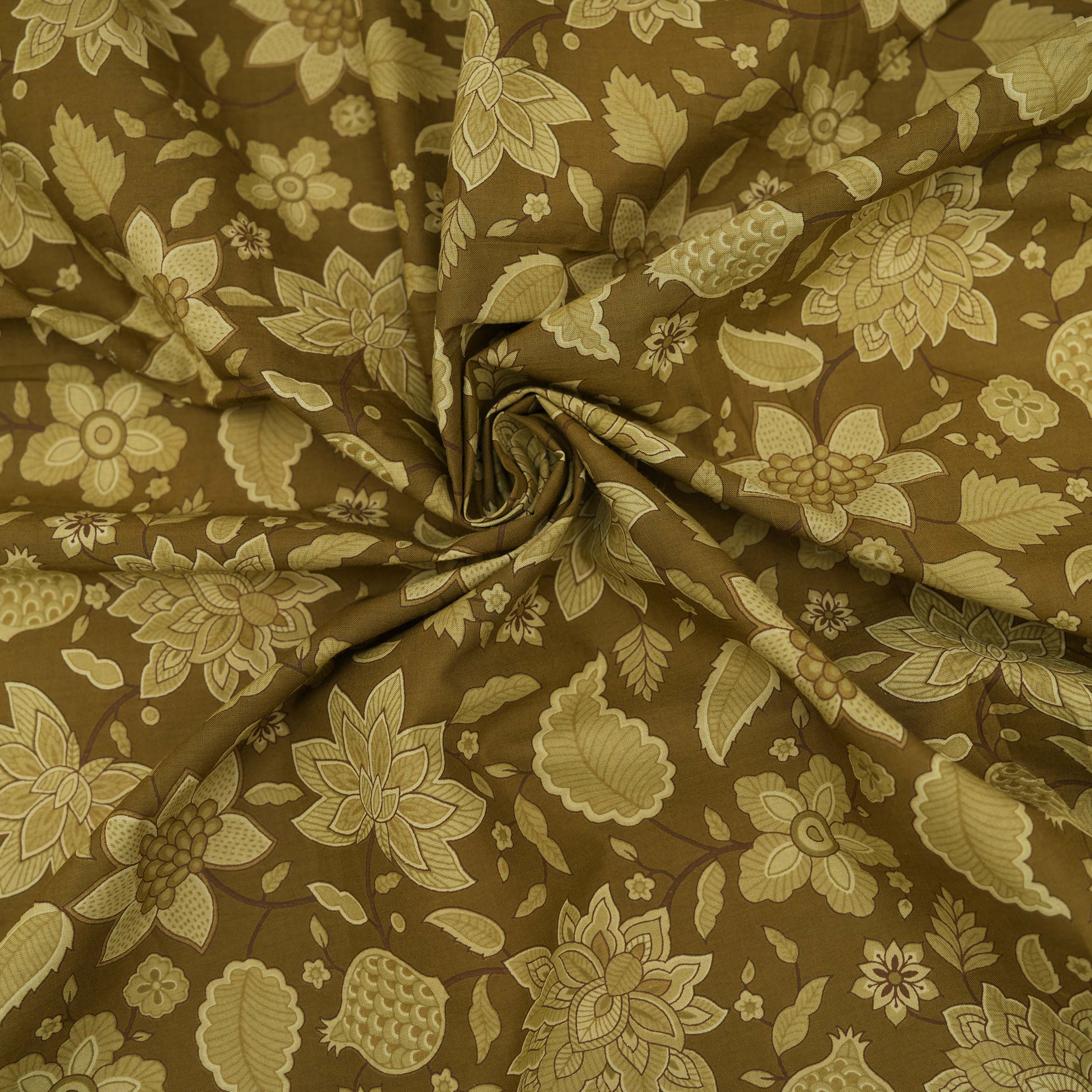 Bronzetone Brown Bel Butti Printed Cotton Fabric