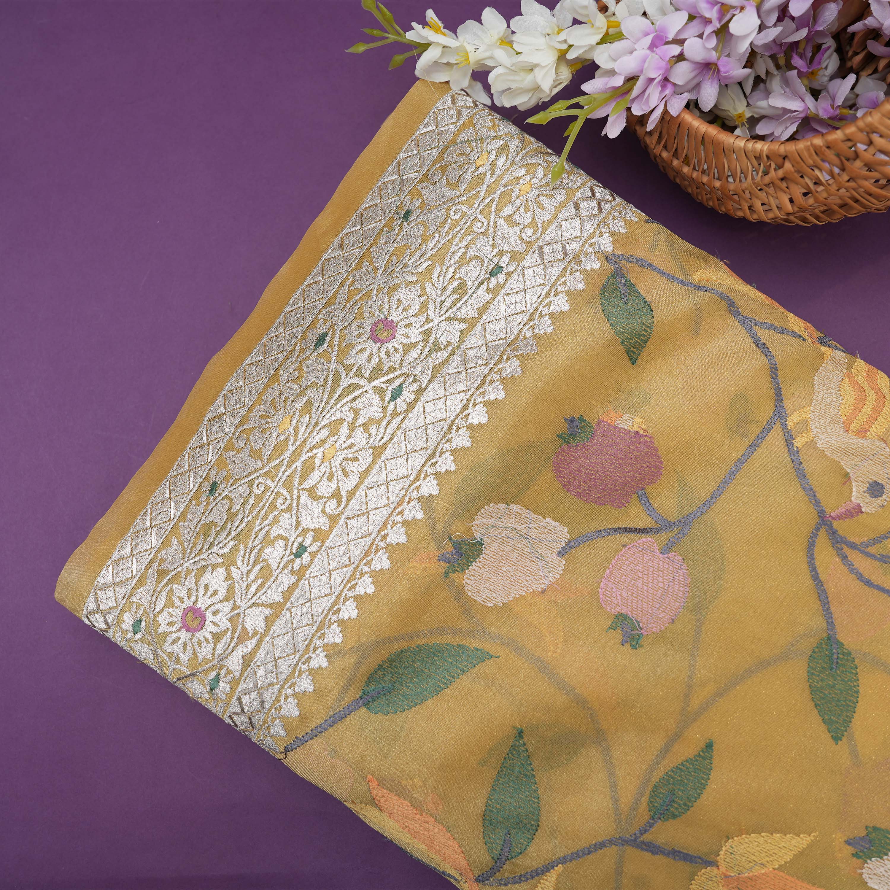 Camel Yellow Floral Embroidered Tissue Fabric