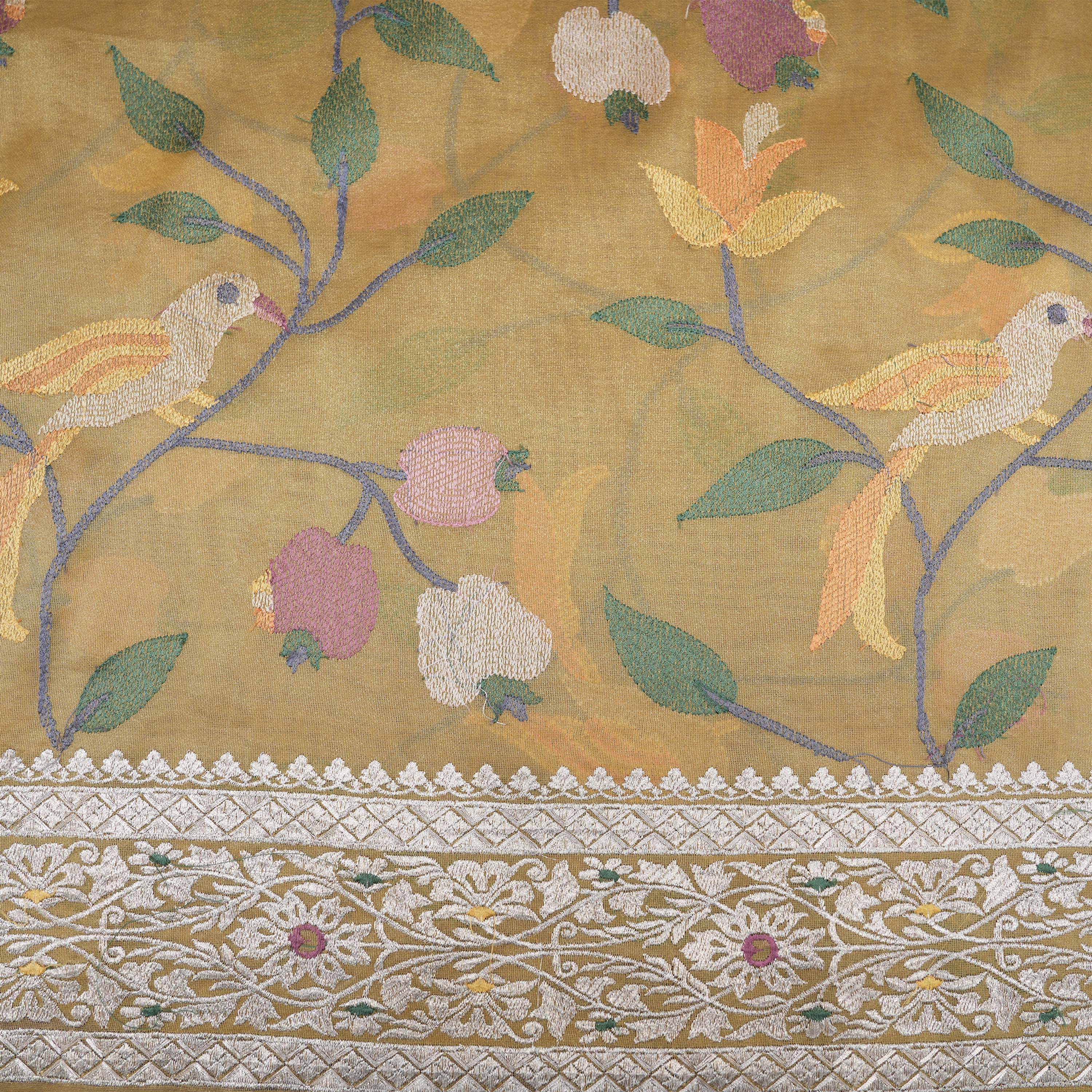 Camel Yellow Floral Embroidered Tissue Fabric