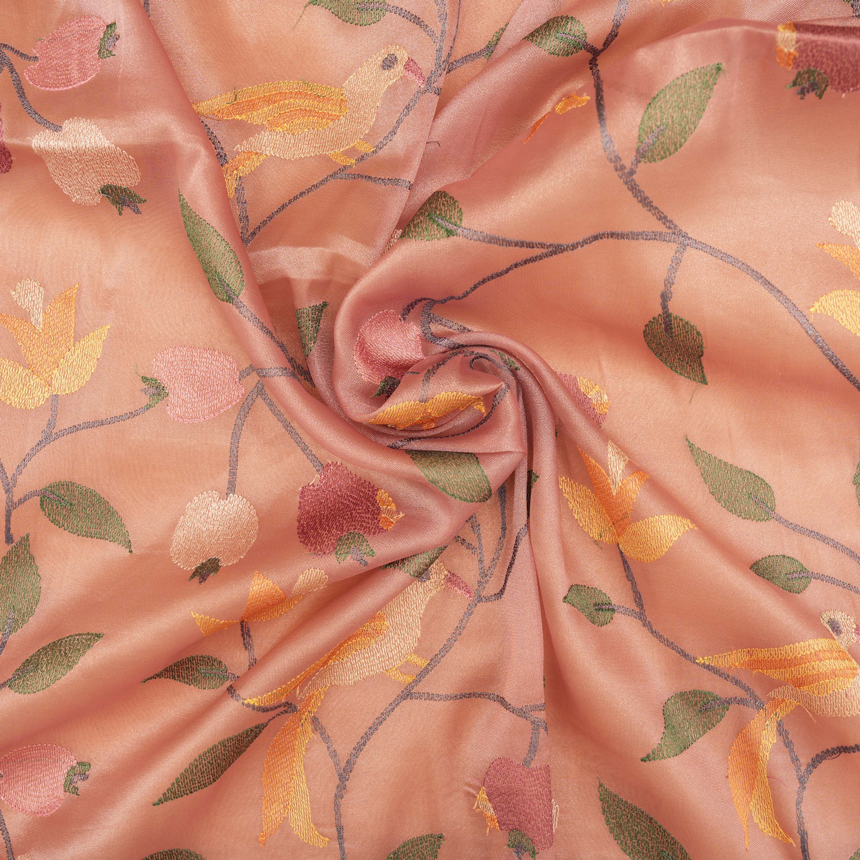 Brownish Pink Floral Embroidered Tissue Fabric