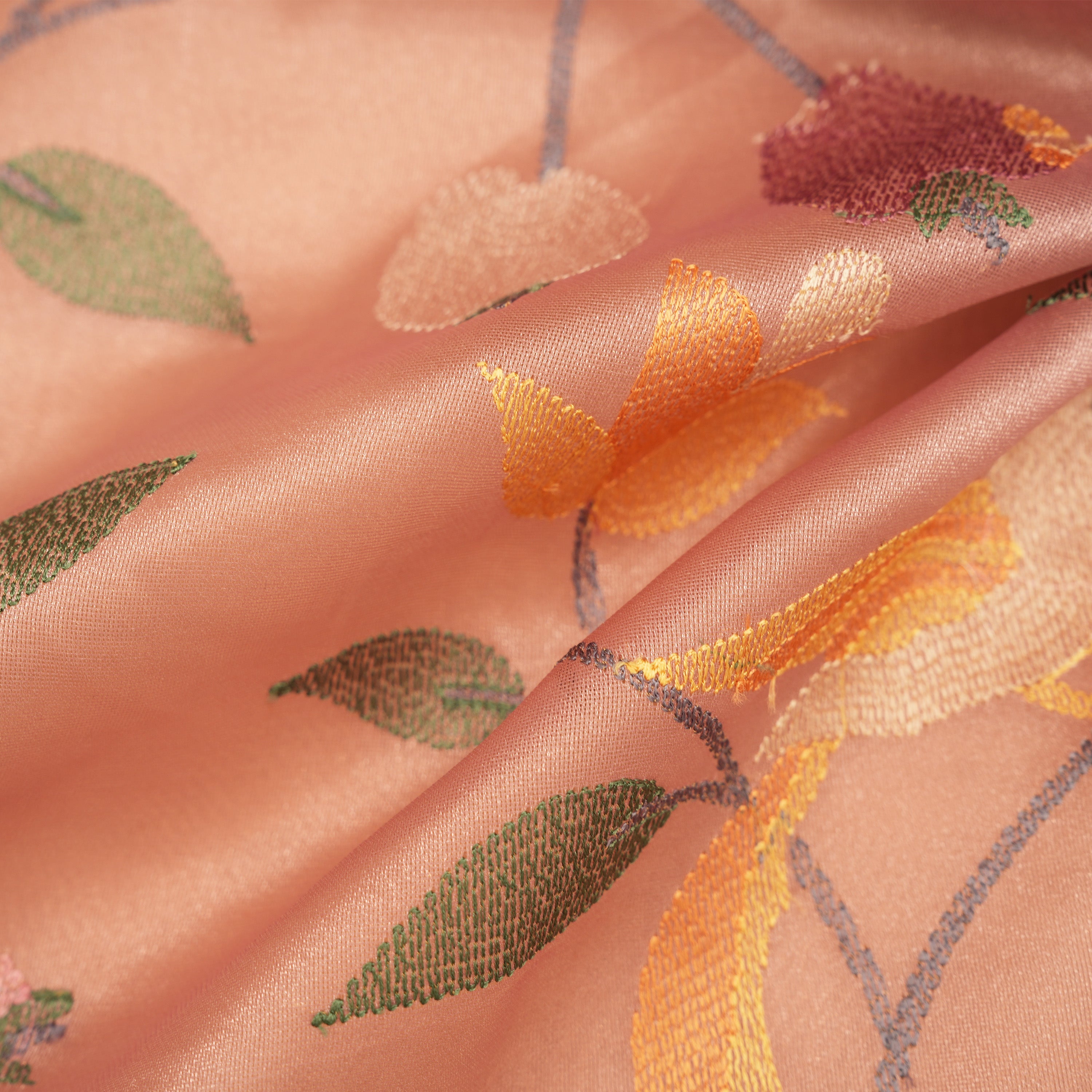 Brownish Pink Floral Embroidered Tissue Fabric