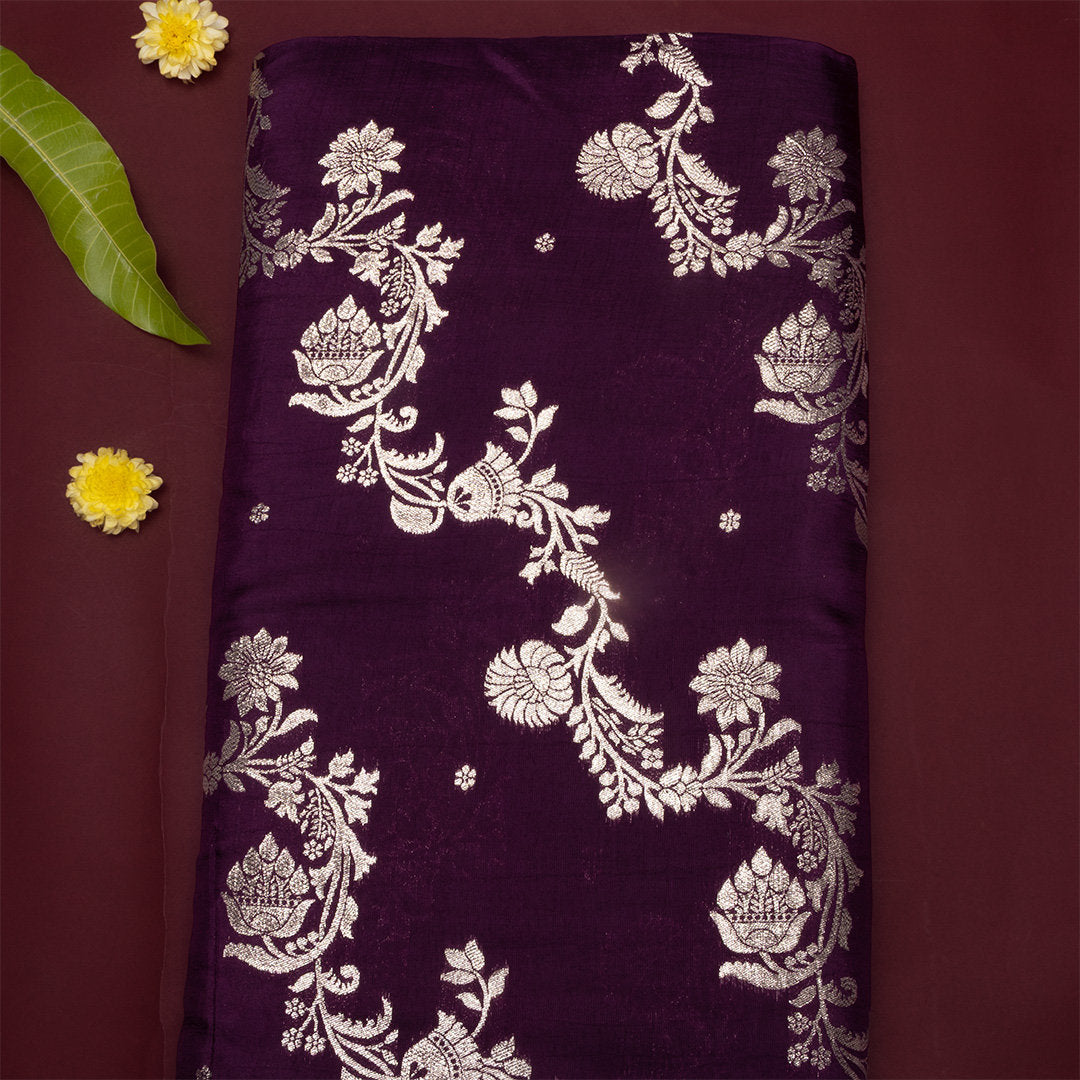 Dark Purple Floral Jamawar Silk Fabric