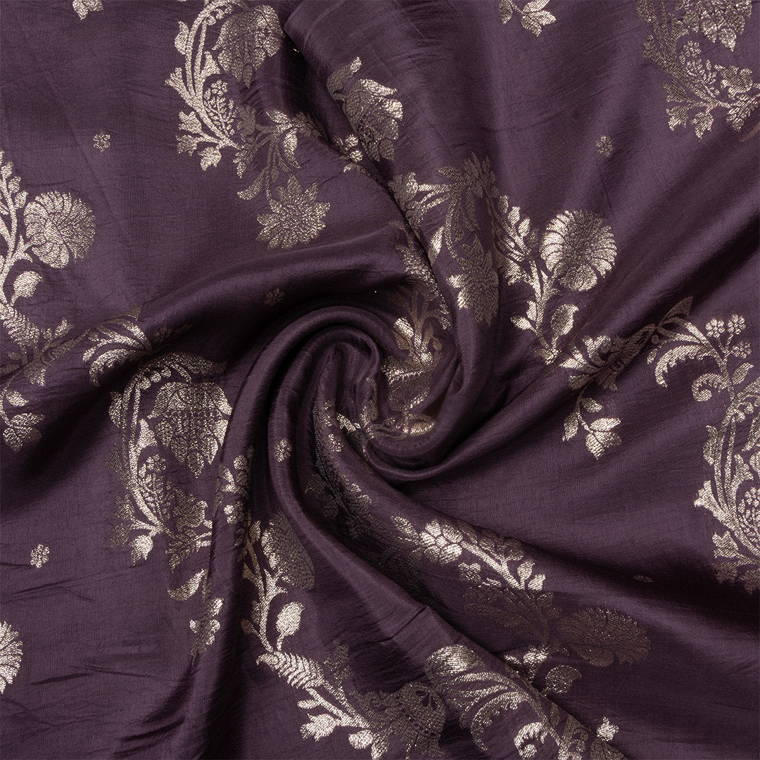 Berry Purple Floral Jamawar Silk Fabric