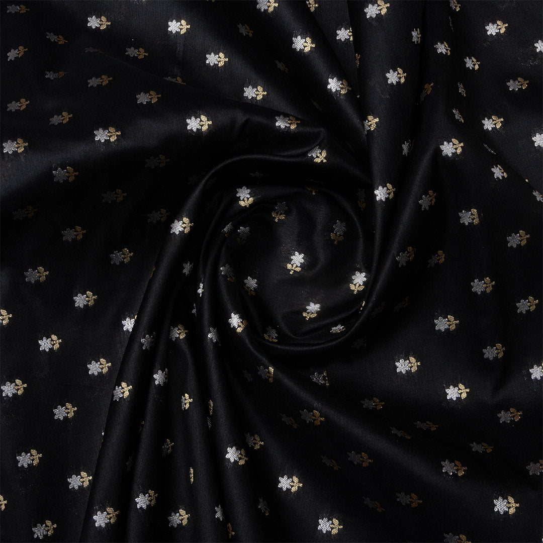 Black Dual Zari Floral Jamawar Silk Fabric