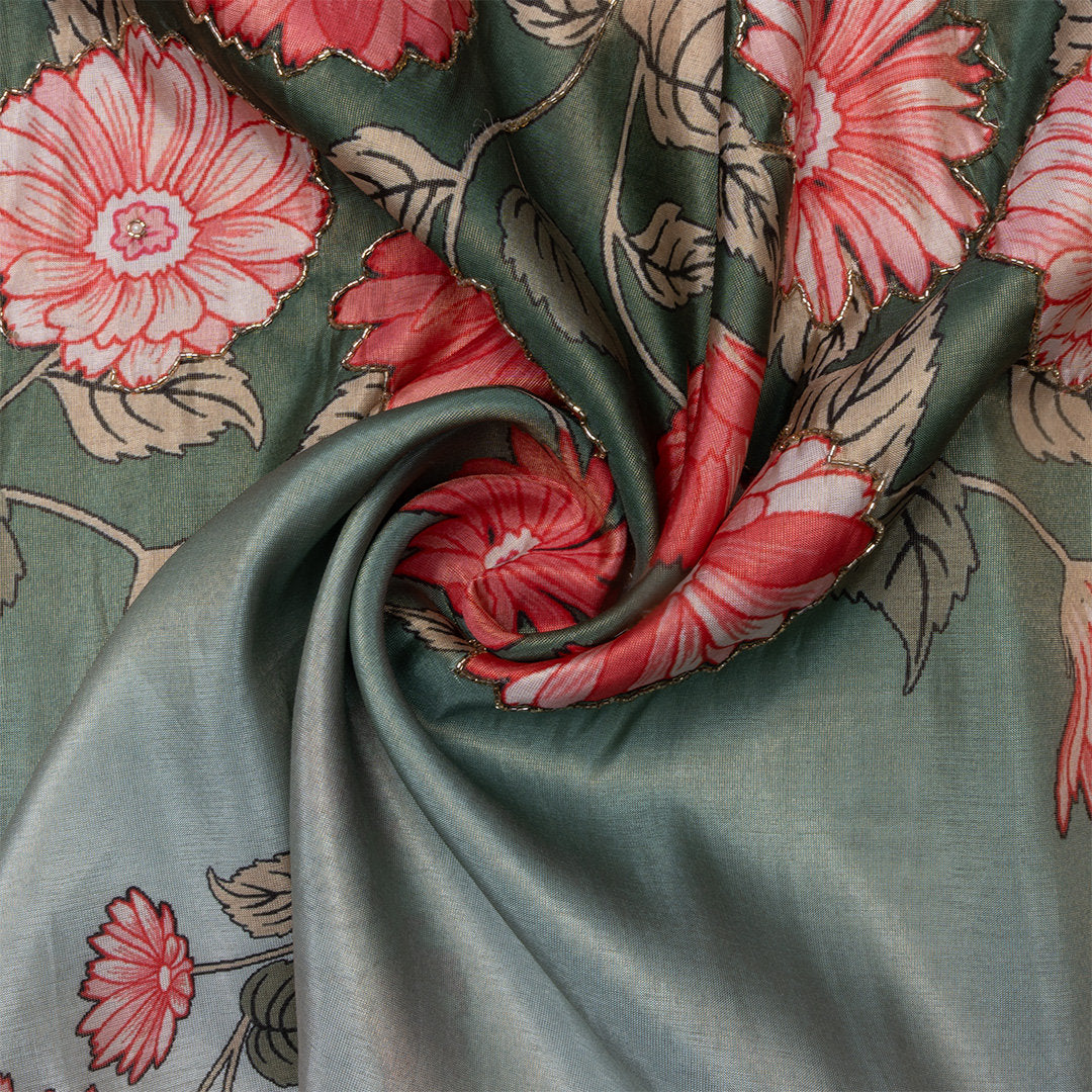 Ombre Green Floral Printed Tissue Fabric