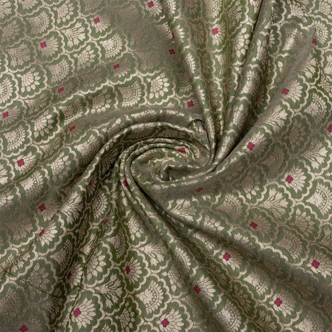 Muted Green Floral Zari Jamawar Silk Fabric