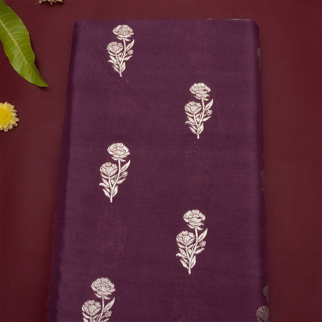 Plum Purple Floral Jamawar Silk Fabric