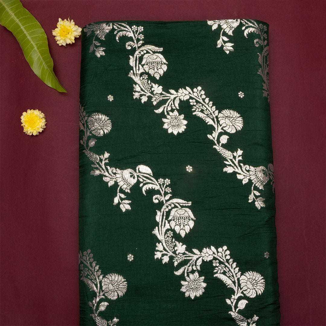 Bottle Green Floral Jamawar Silk Fabric