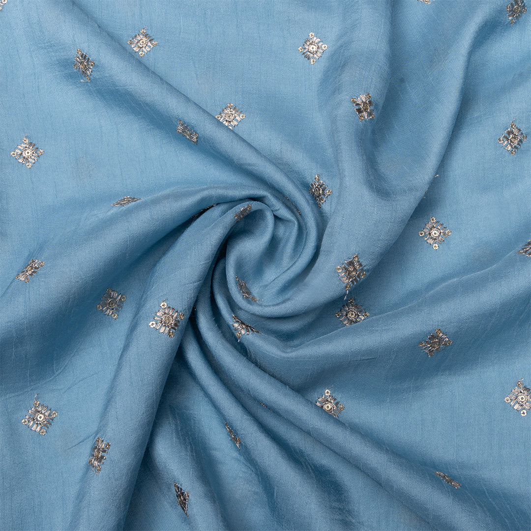 Baby Blue Embroidered Silk Fabric