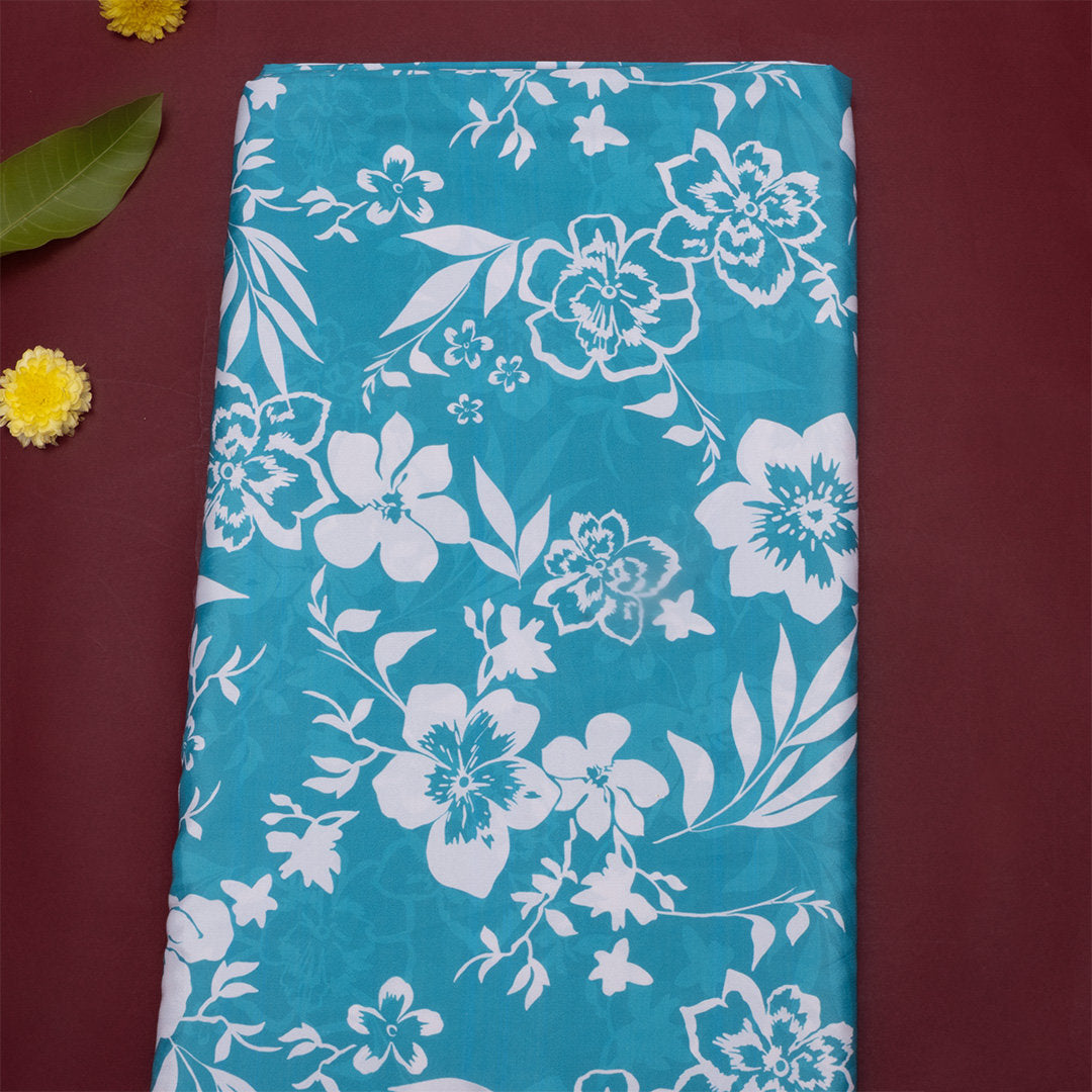 Turquoise Blue Lotus Printed Silk Fabric