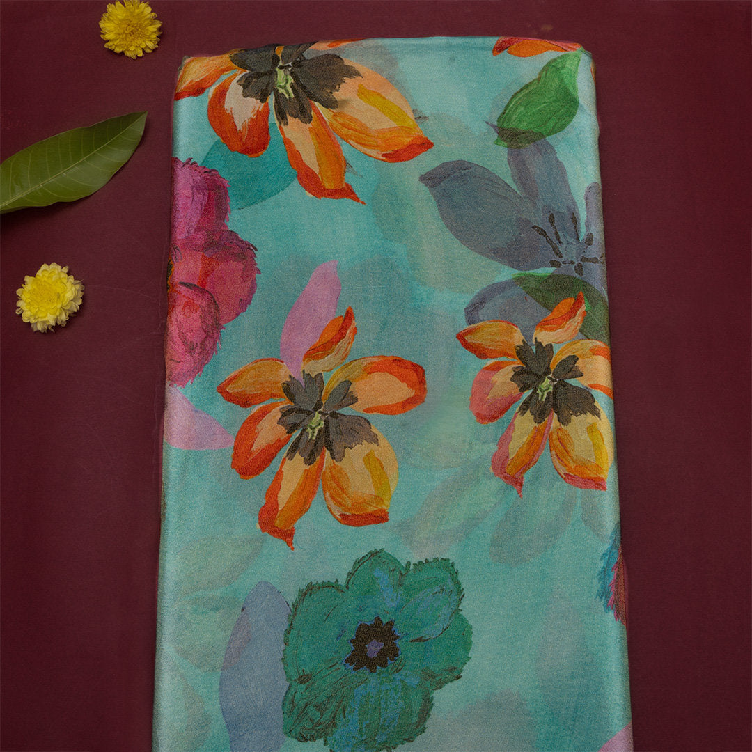 Turquoise Blue Digital Printed Floral Tissue Fabric