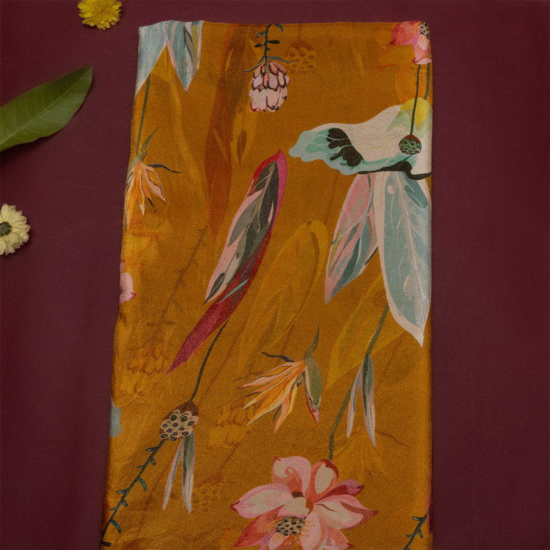 Golden Yellow Digital Printed Floral Tissue Fabric