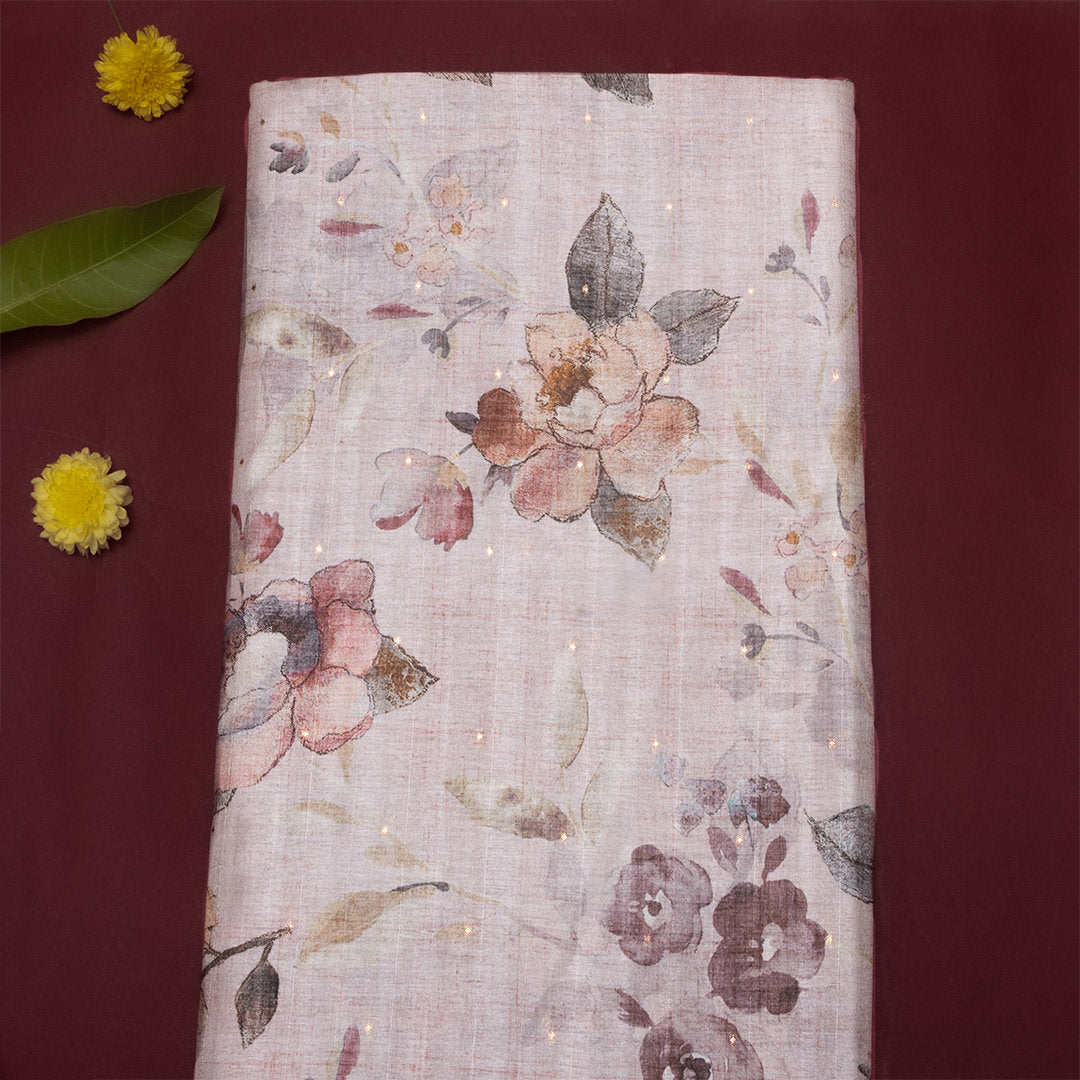 Pastel Purple Floral Printed Tussar Fabric