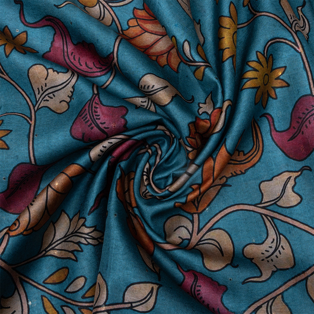 Aqua Blue Digital Printed Tussar Fabric
