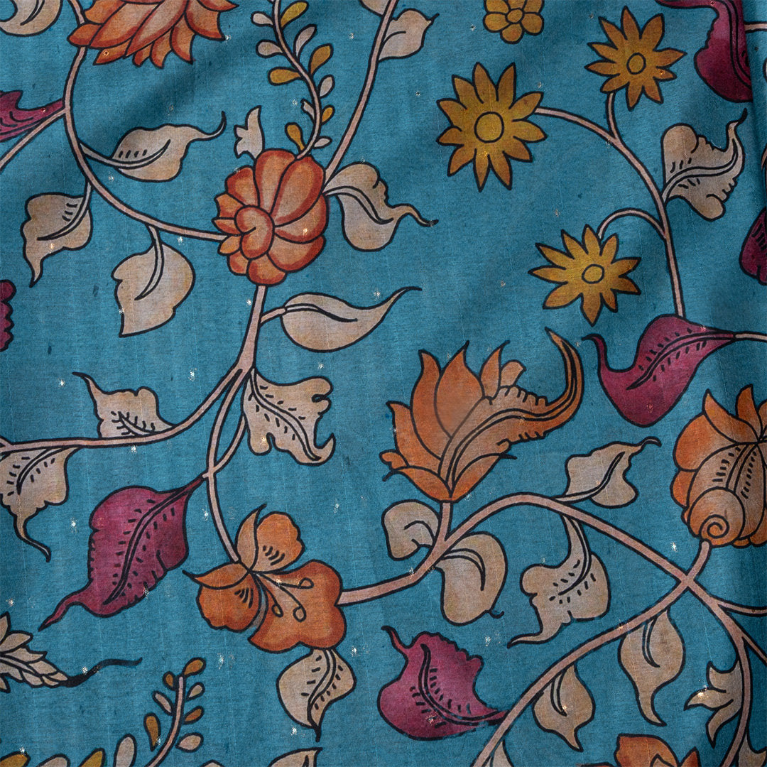 Aqua Blue Digital Printed Tussar Fabric