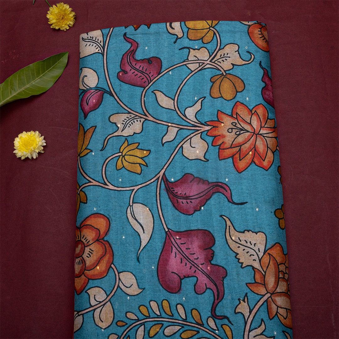 Aqua Blue Digital Printed Tussar Fabric