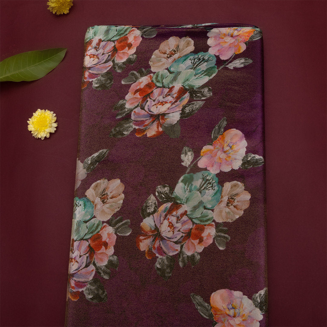 Plum Purple Digital Printed Floral Tissue Fabric