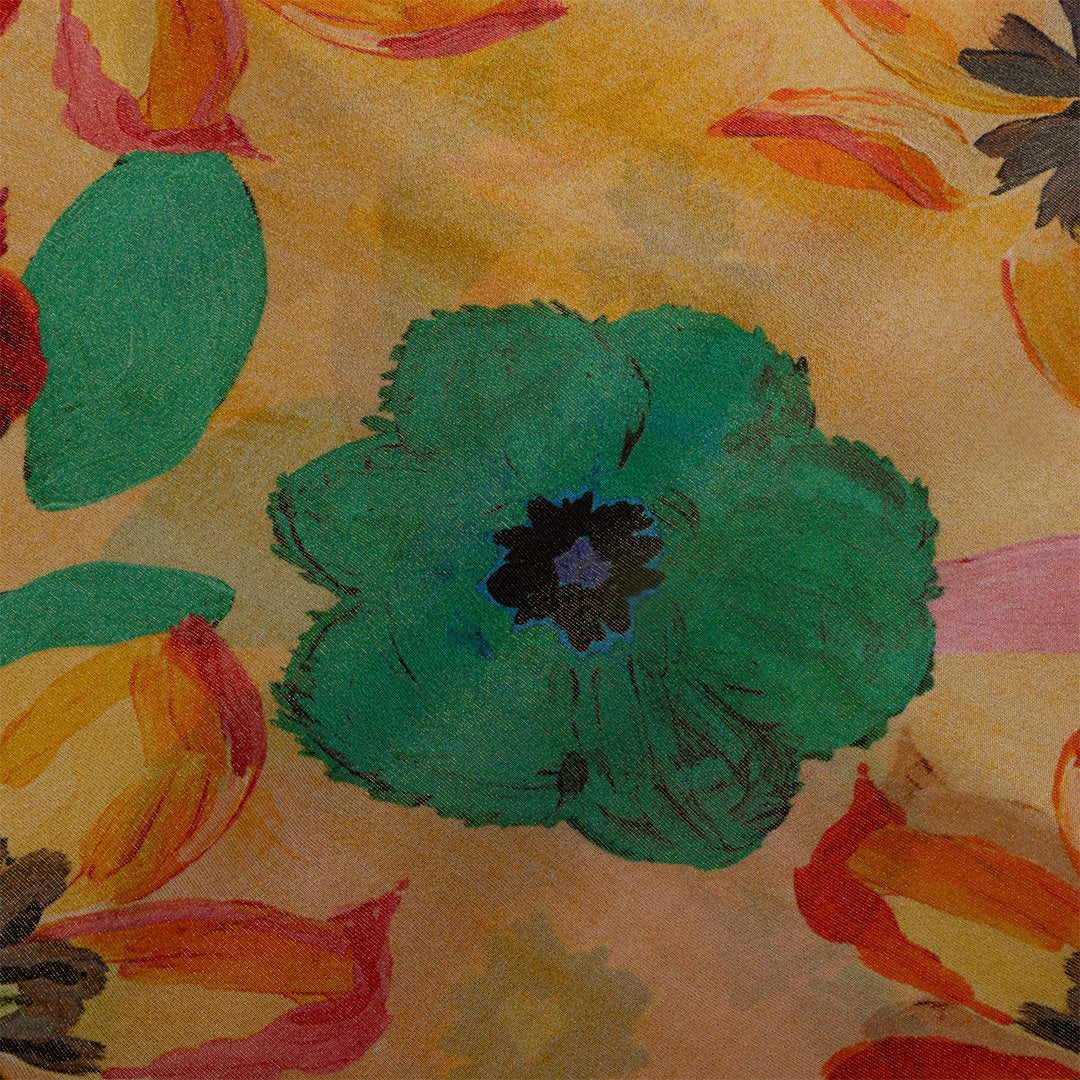 Yellow Multicolour Floral Printed Tissue Fabric