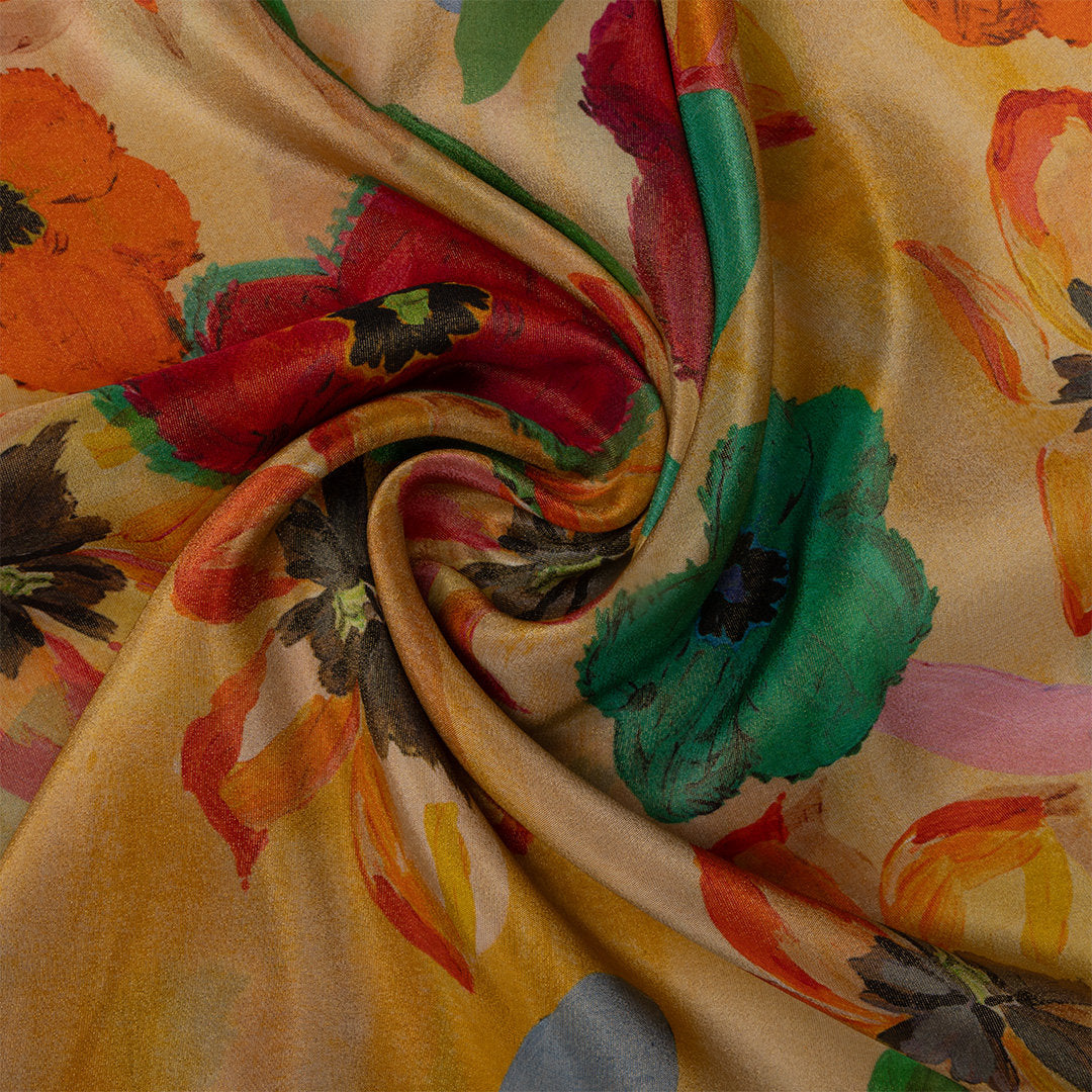 Yellow Multicolour Floral Printed Tissue Fabric