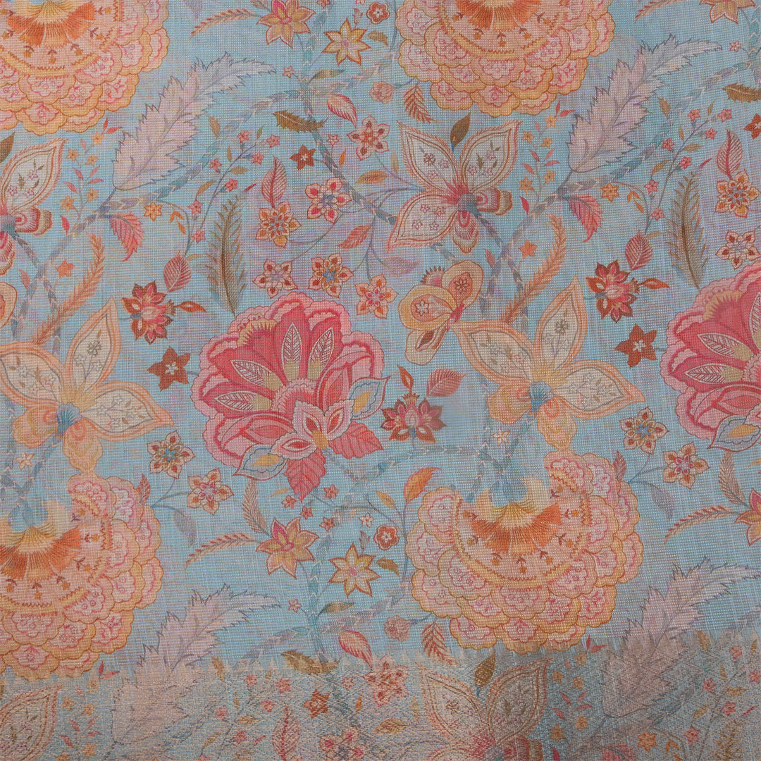 Sky Blue Digital Printed Floral Tissue Fabric