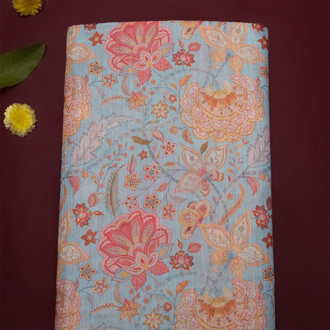 Sky Blue Digital Printed Floral Tissue Fabric