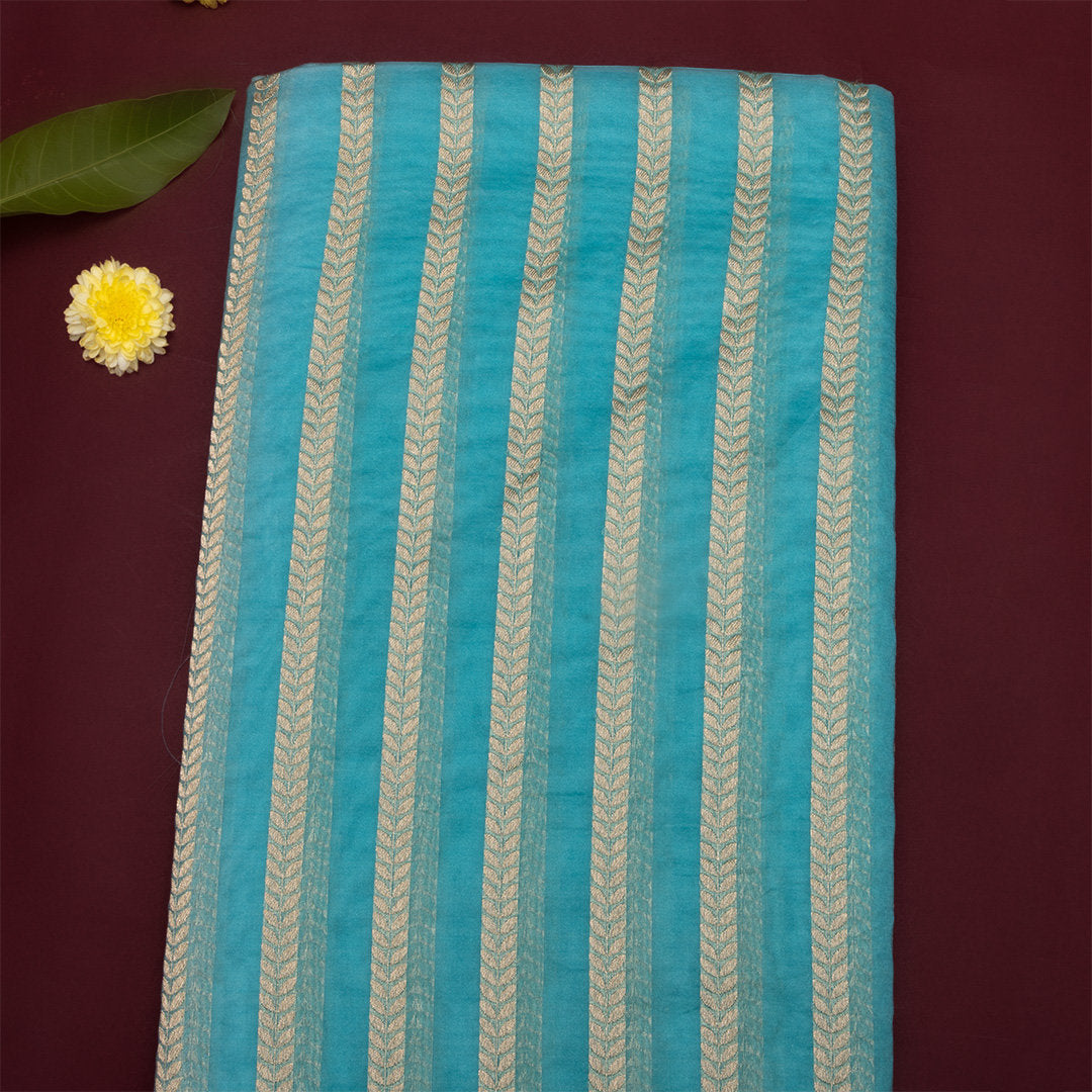 Sky Blue Zari Stripes Jamawar Organza Fabric