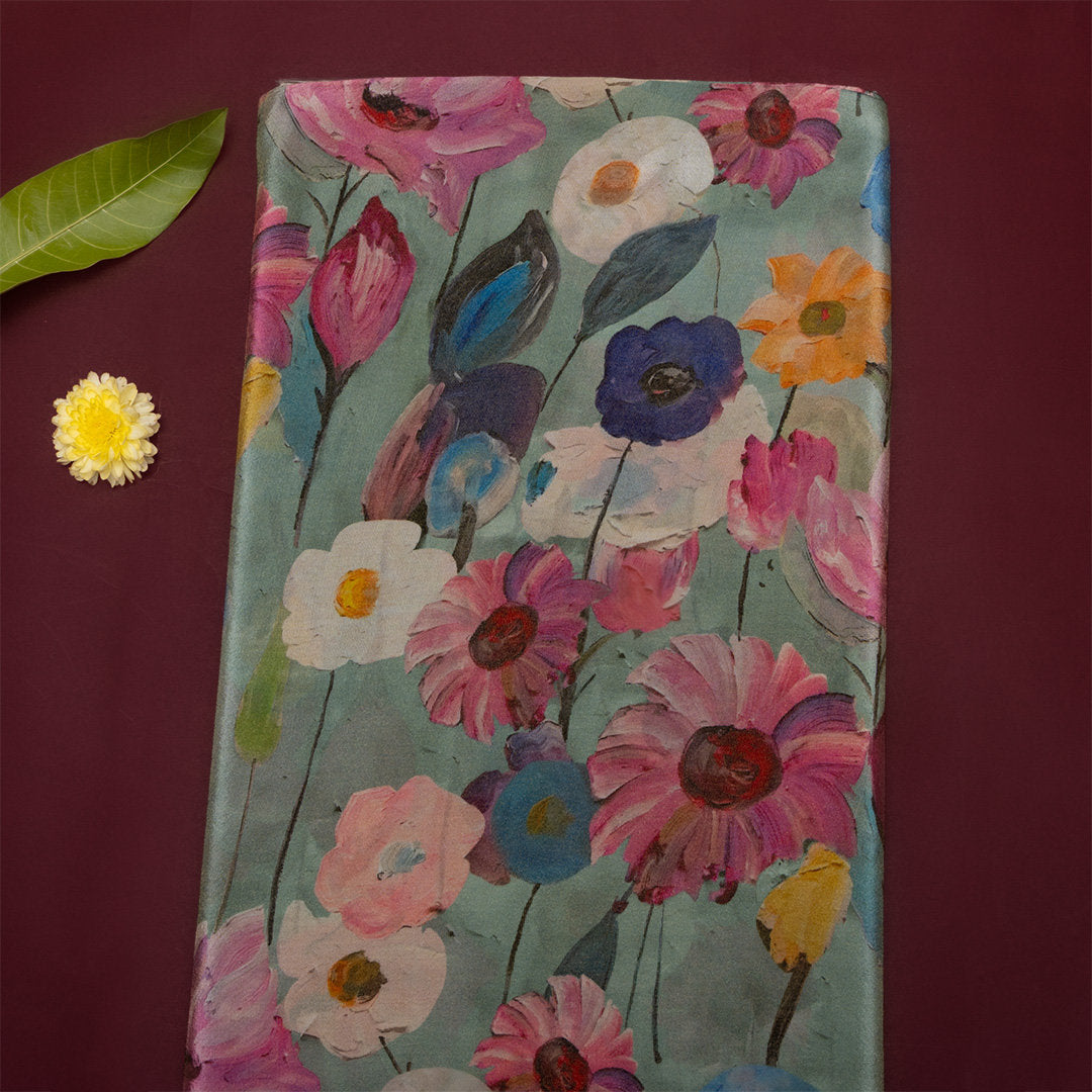 Pastel Blue Digital Printed Floral Tissue Fabric