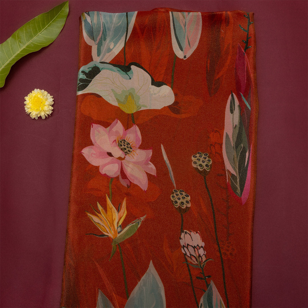 Dark Orange Digital Printed Floral Tissue Fabric