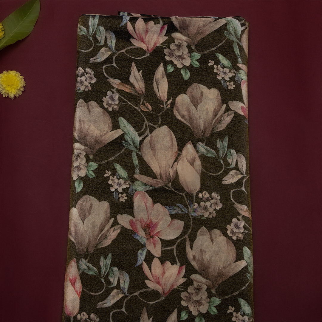 Earthy Green Digital Printed Floral Tissue Fabric