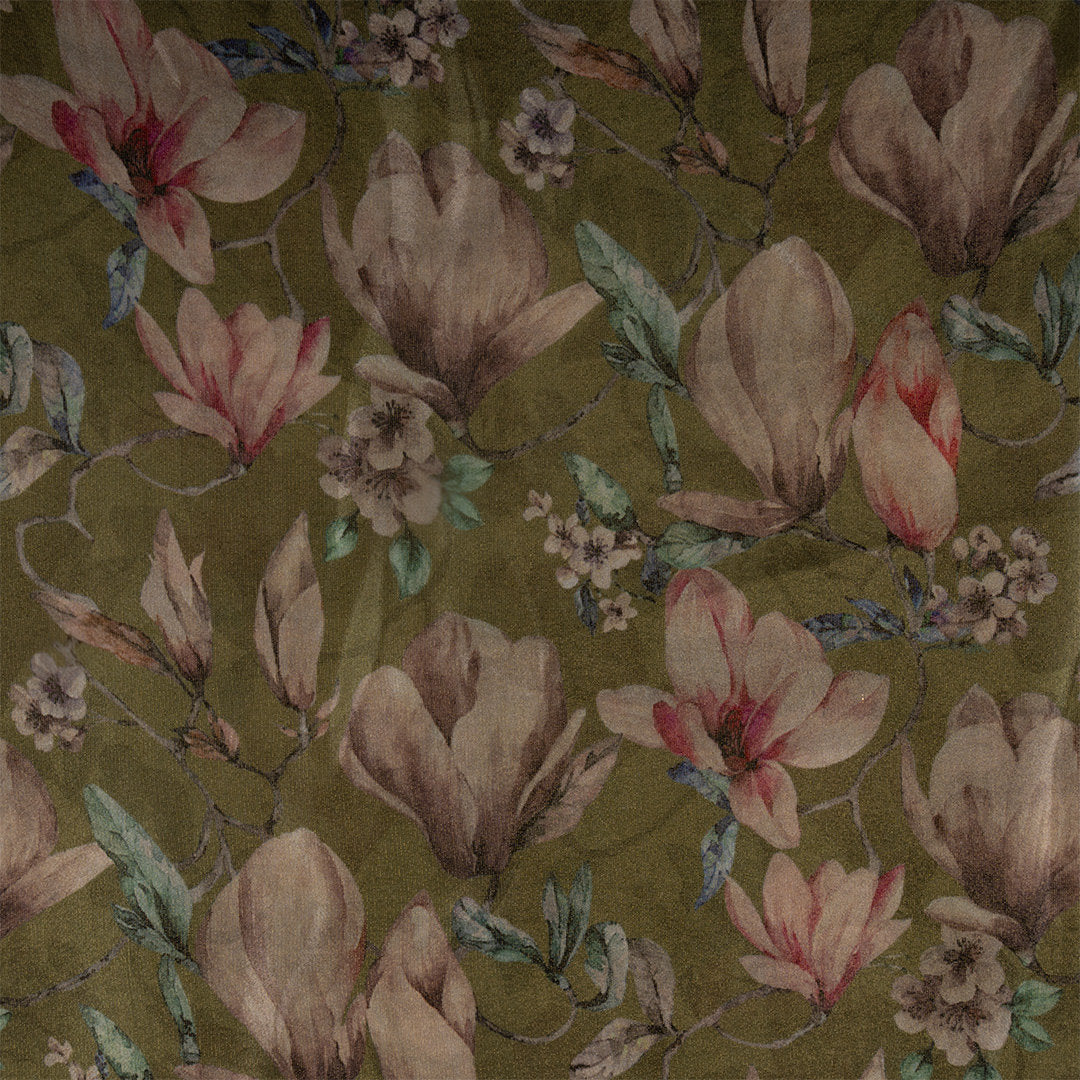 Dusty Green Digital Printed Floral Tissue Fabric