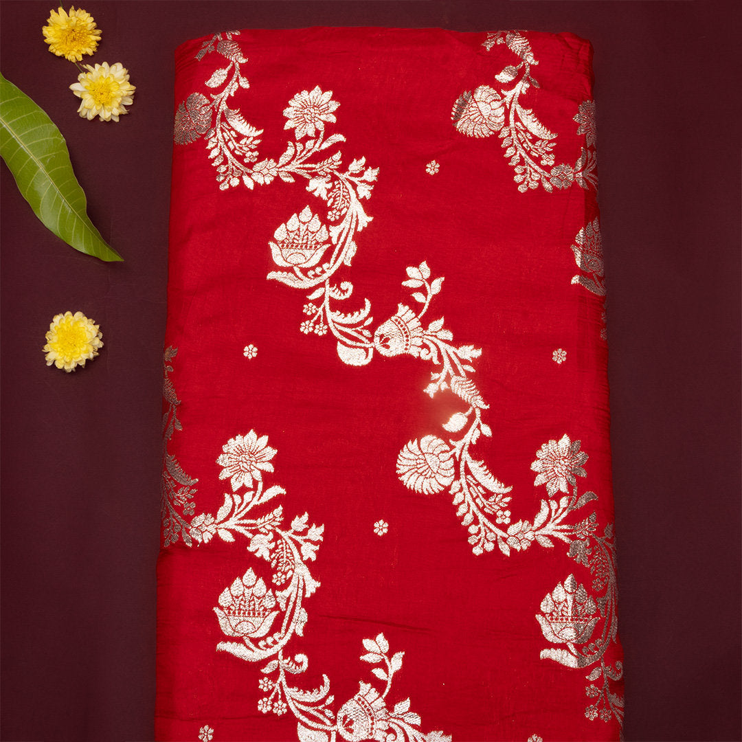 Bright Red Floral Jamawar Silk Fabric