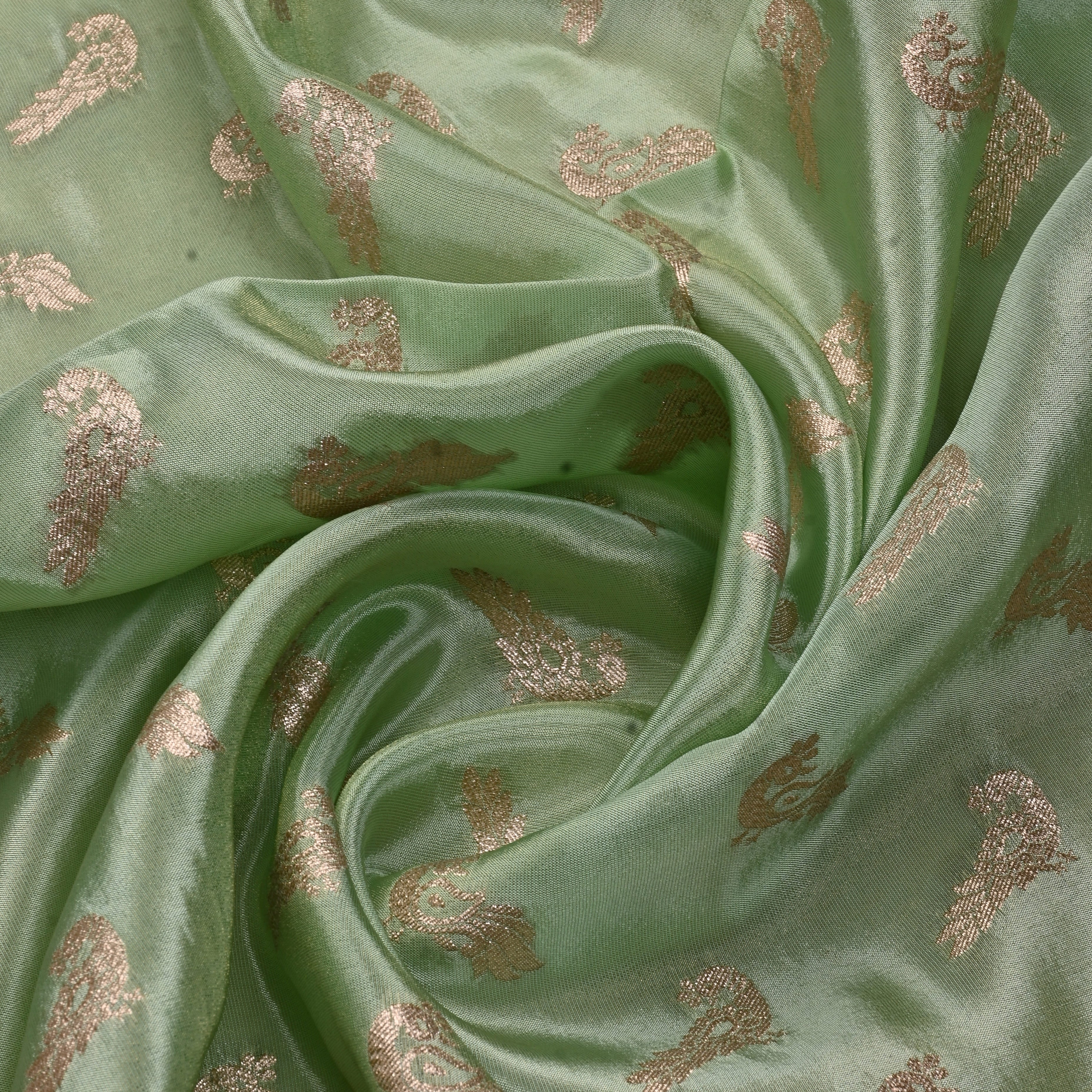 Mint Green Jamawar Tissue Fabric With Avian Weaving