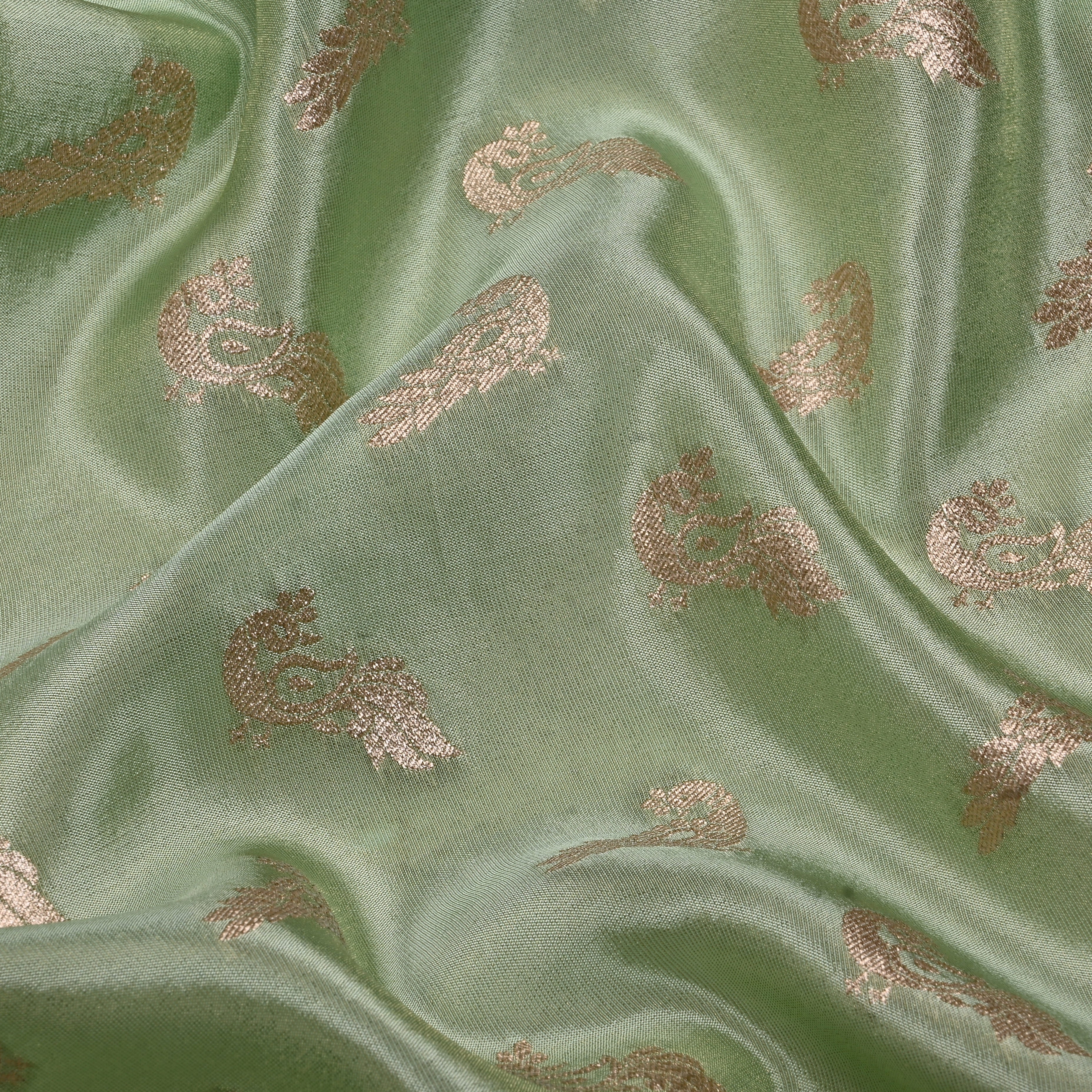 Mint Green Jamawar Tissue Fabric With Avian Weaving