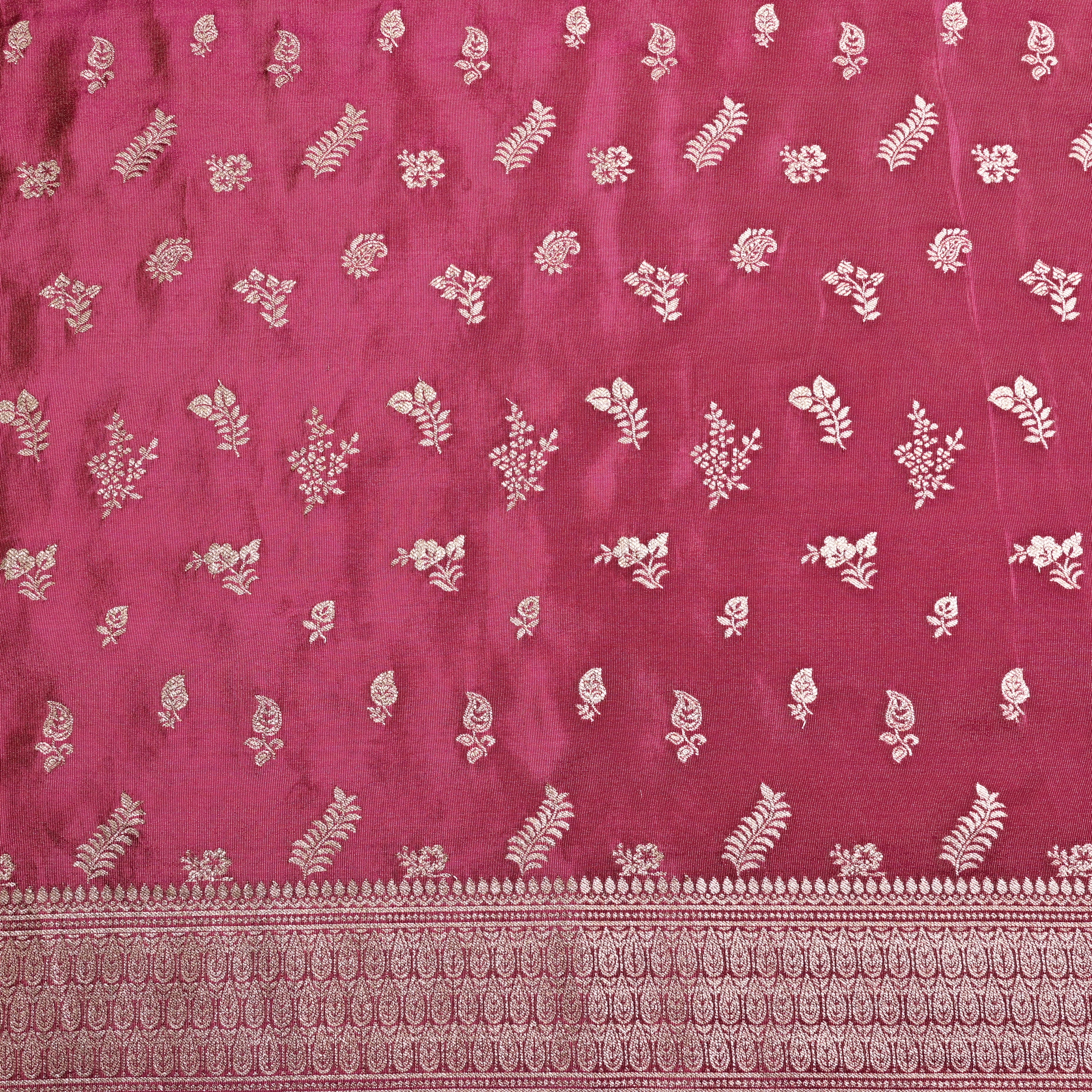 Thulian Pink Jamawar Tissue Fabric With Designer Border